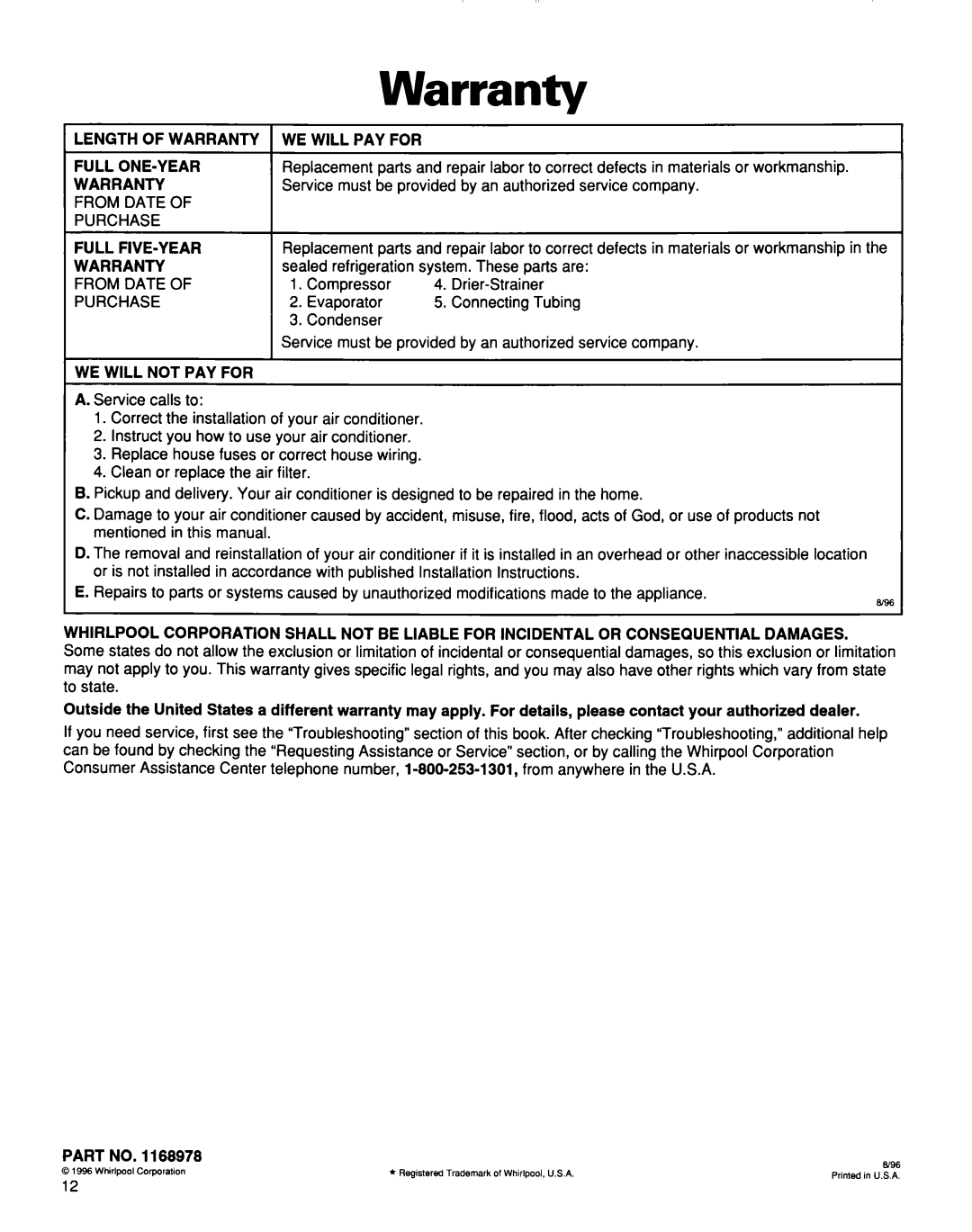 Whirlpool TA07002F0 manual Warranty, Sealed refrigeration 