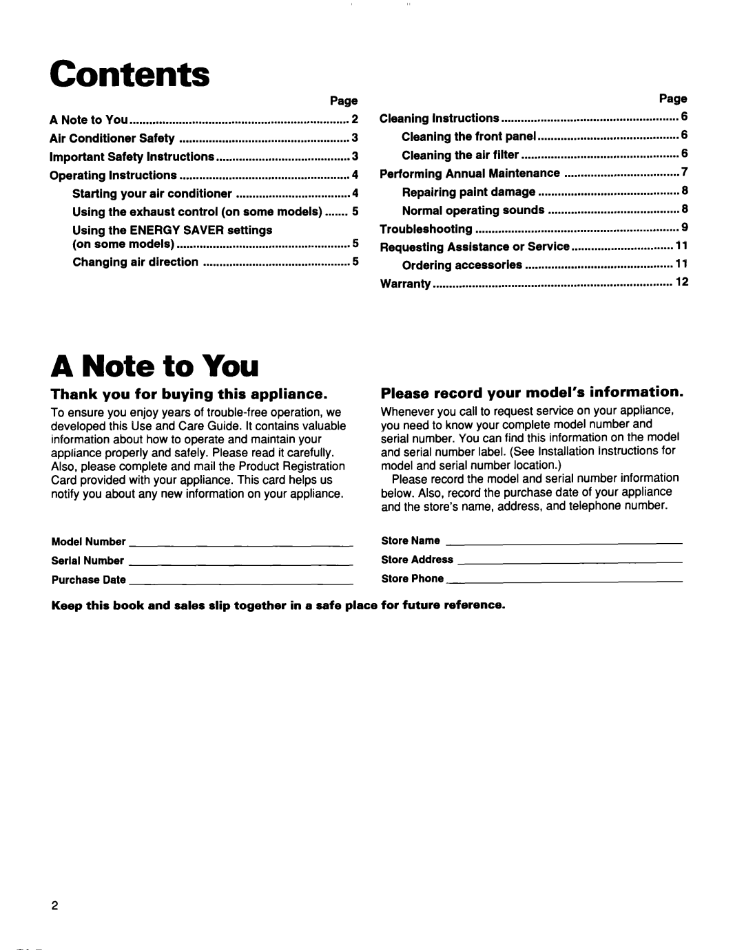 Whirlpool TA07002F0 manual Contents 