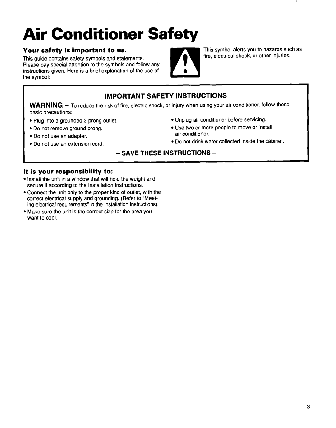 Whirlpool TA07002F0 manual Air, Safety, Your safety Is important To us, It is your responsibility to 