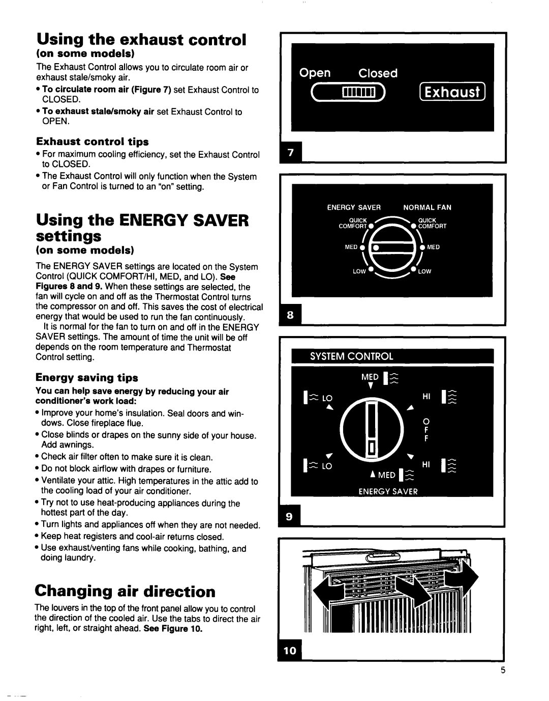 Whirlpool TA07002F0 manual Using the exhaust control, Using the Energy Saver settings, Changing air direction 