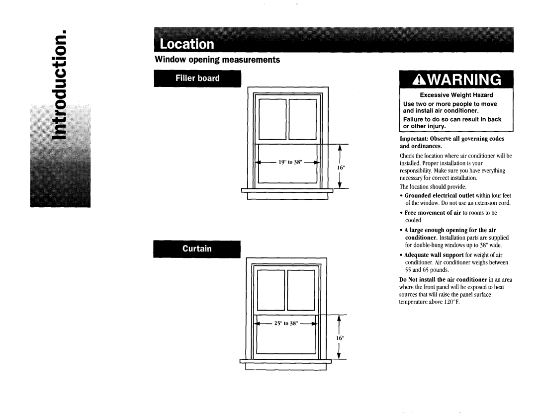Whirlpool TA07002F0 manual Window opening measurements, Important Observe all governing codes, Thelocation shouldprovide 