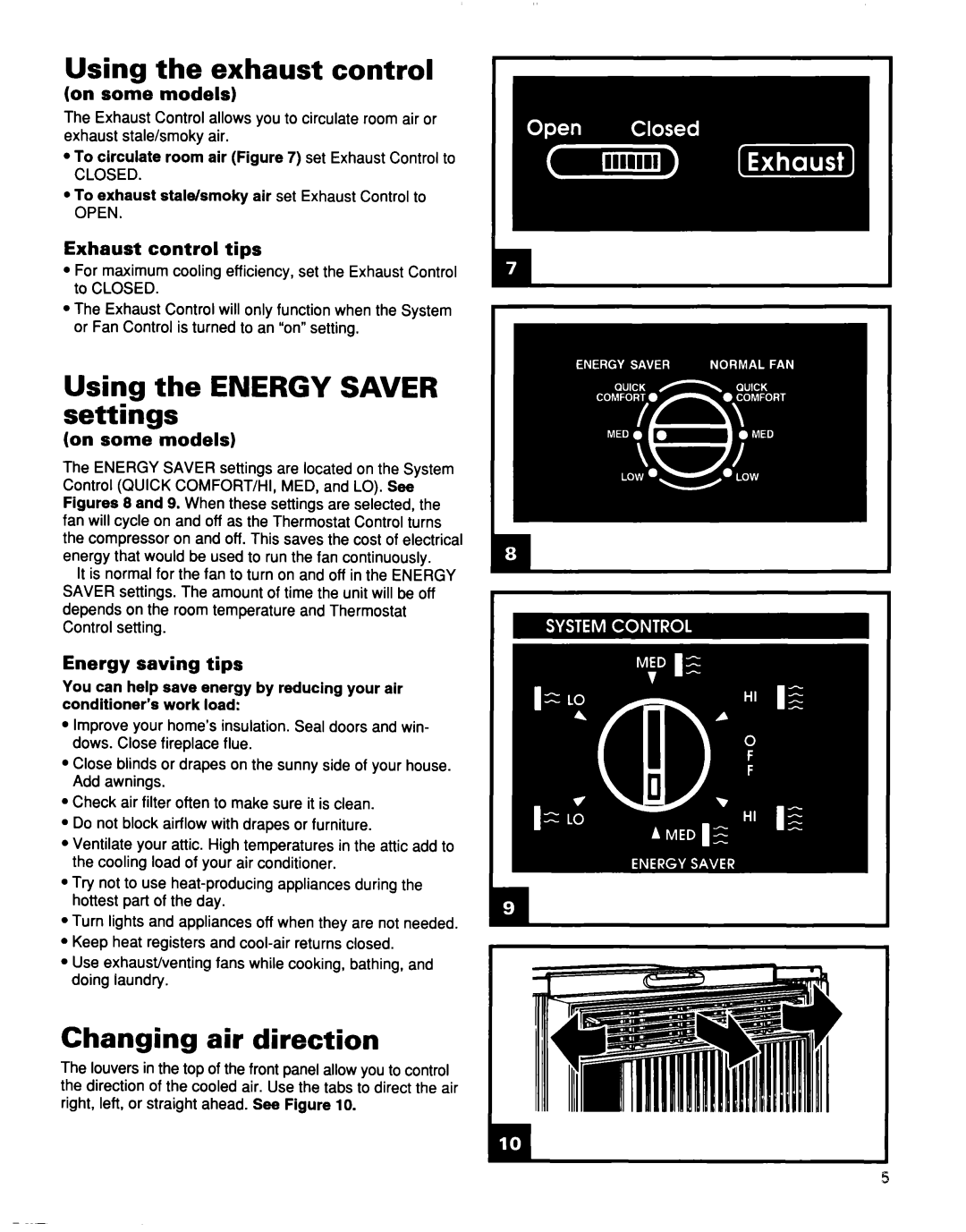 Whirlpool TA07002F0 Using the exhaust control, Using the ENERGY SAVER settings, Changing air direction, on some models 