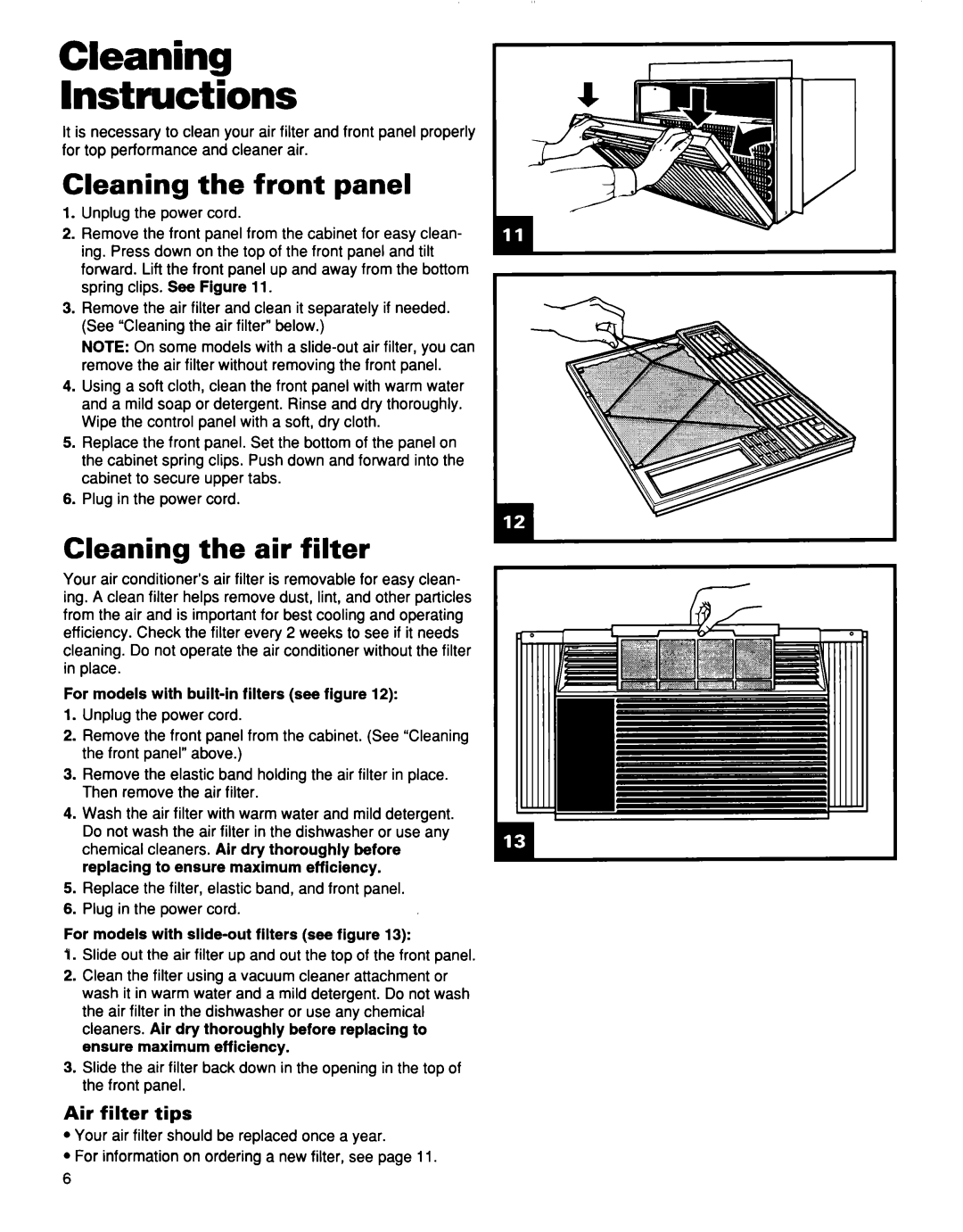 Whirlpool TA07002F0 manual Cleaning the front panel, Cleaning the air filter, Air filter tips, Cleaning Instructions 
