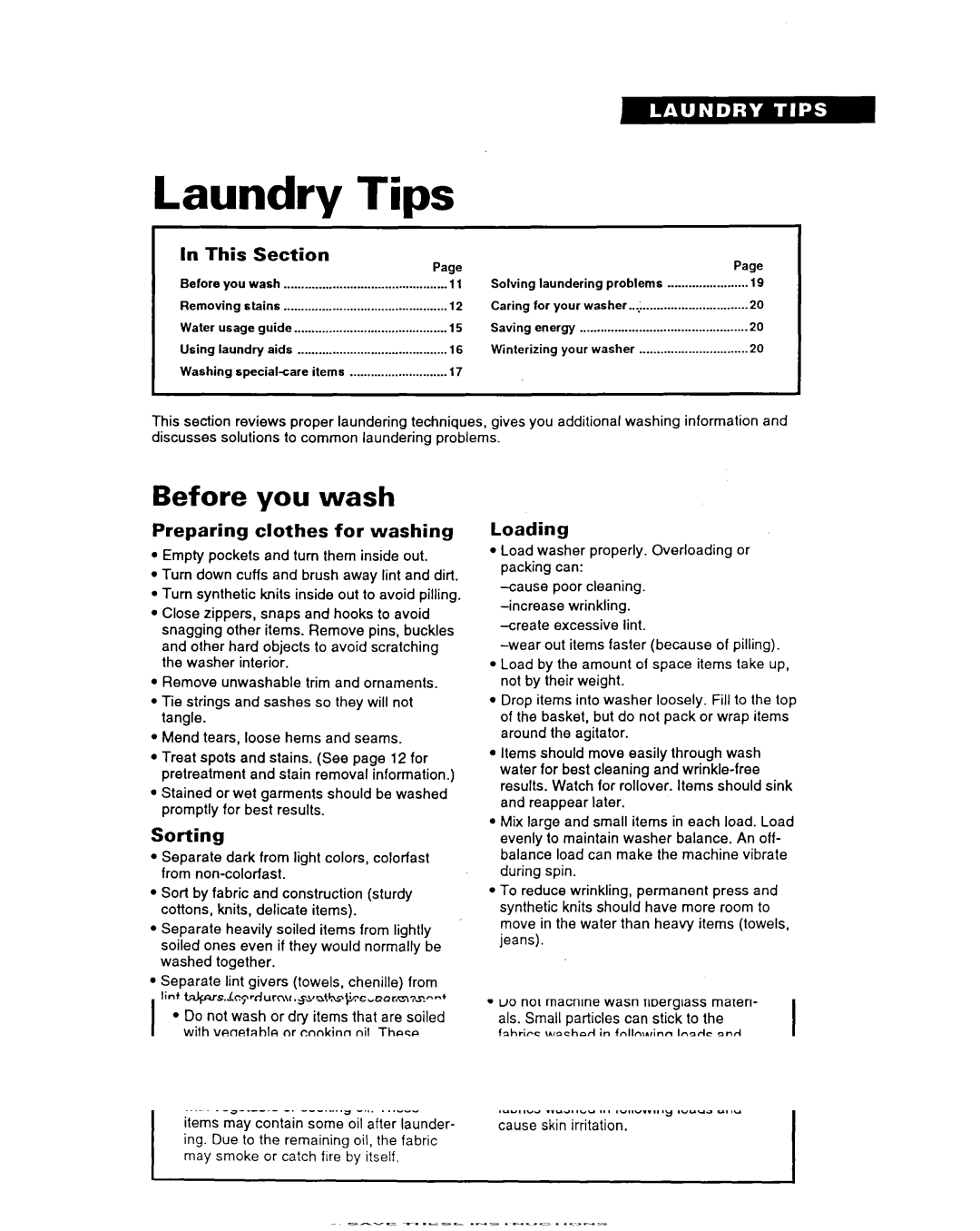 Whirlpool TAWMZOOA warranty Before you wash, This, Preparing clothes for washing, Sorting, Loading 