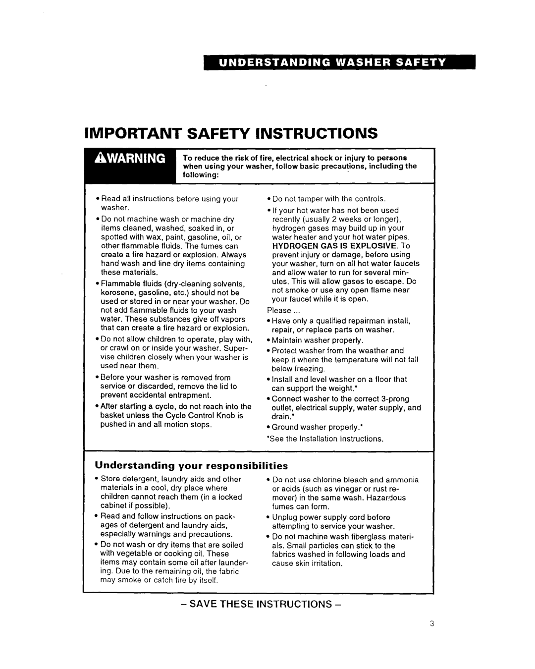 Whirlpool TAWMZOOA warranty Important Safety Instructions, Understanding your responsibilities 