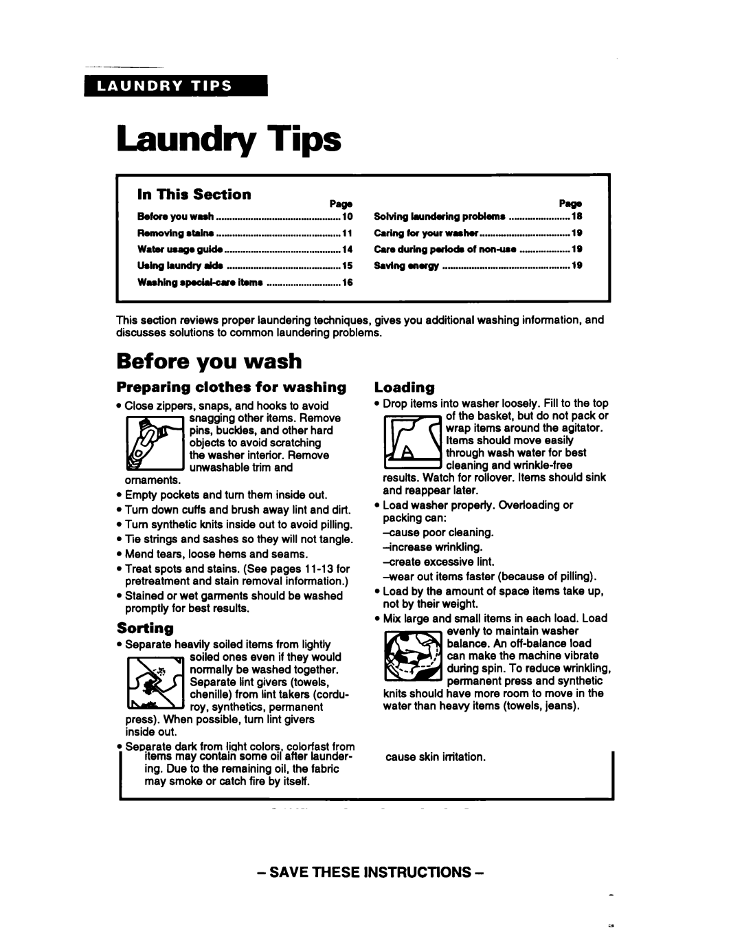 Whirlpool TAWMZOOB warranty Before you wash, This Section, Preparing clothes for washing, Sorting, Loading 