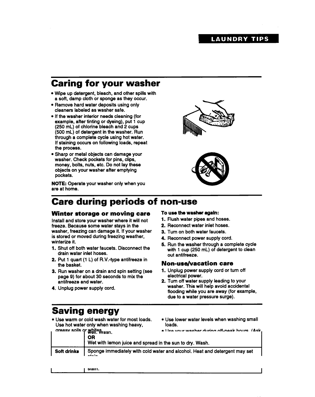 Whirlpool TAWMZOOB warranty Caring for your washer, Care during periods, Non-use, Saving energy 