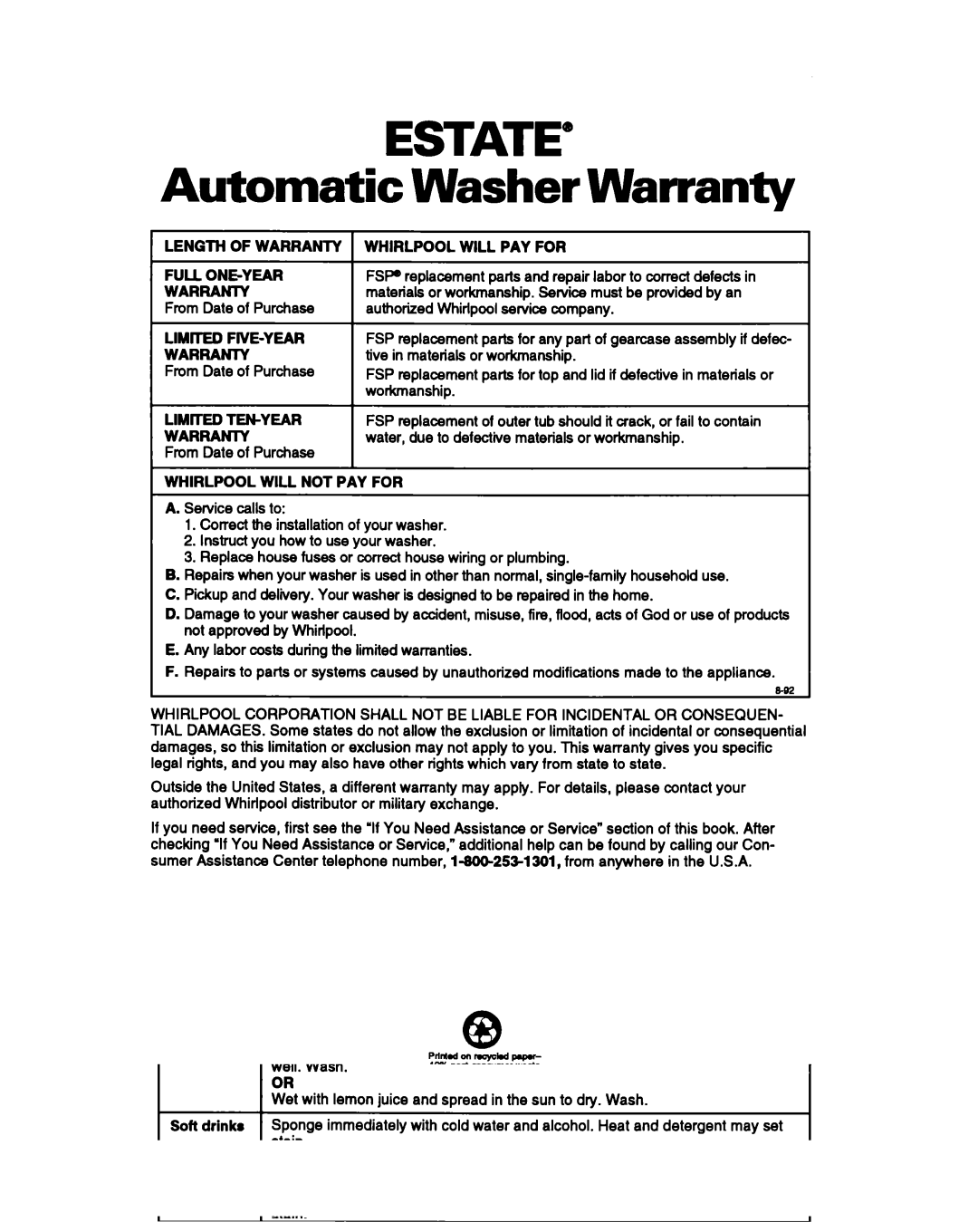 Whirlpool TAWMZOOB Automatic Washer Warranty, Length of Warranty, Whirlpool will PAY for, Whirlpool will not PAY for 