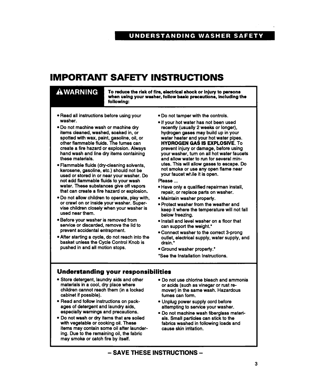 Whirlpool TAWMZOOB warranty Important Safety Instructions, Understanding your responsibilities 