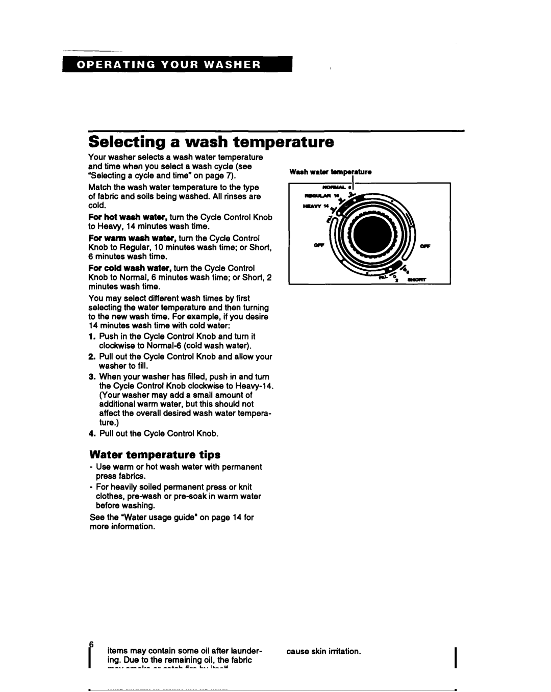 Whirlpool TAWMZOOB warranty Selecting a wash temperature, Water temperature tips, Selecting a cycle and time on 