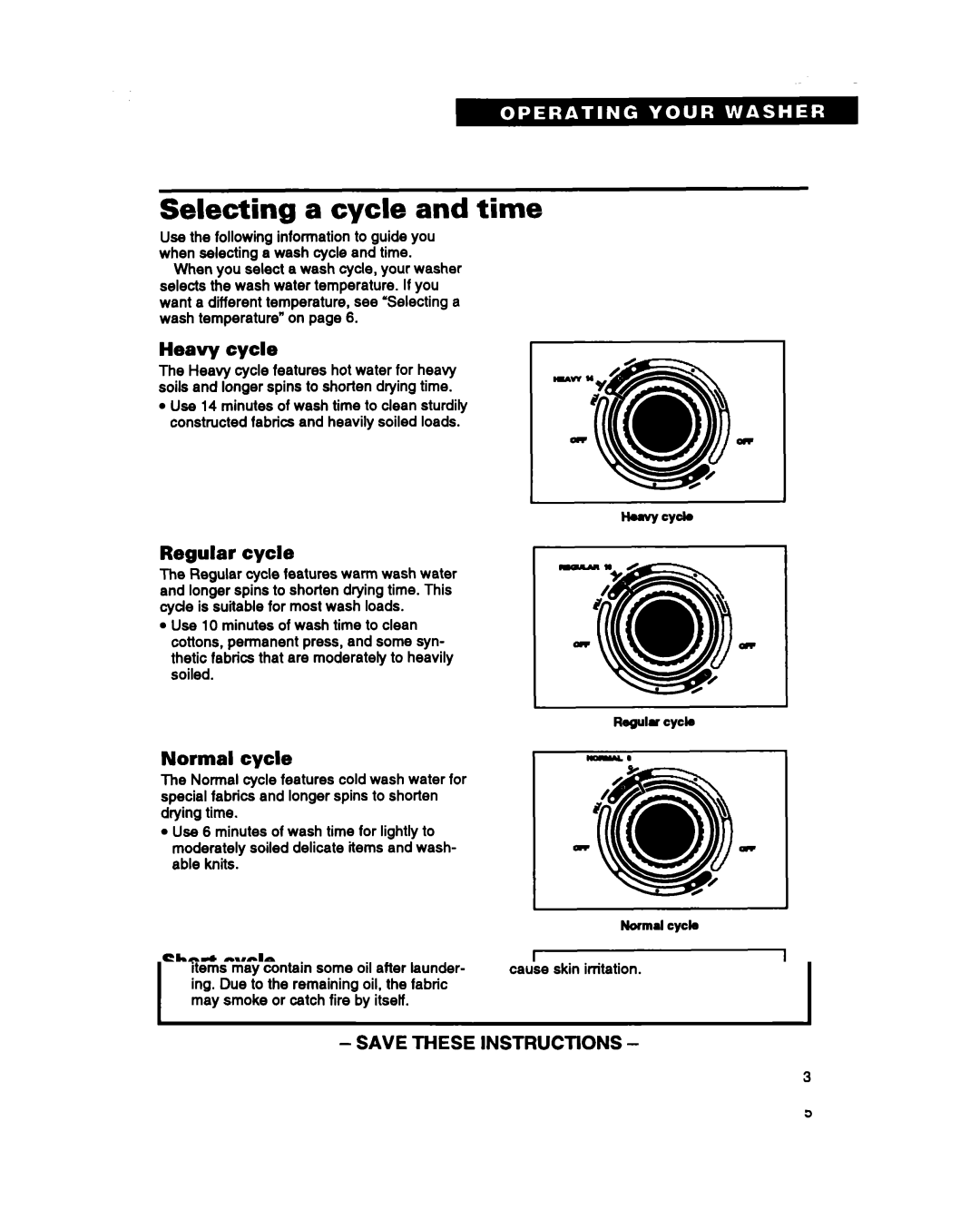 Whirlpool TAWMZOOB warranty Selecting a cycle and time, Heavy cycle, Regular cycle, Normal cycle, Short cycle 