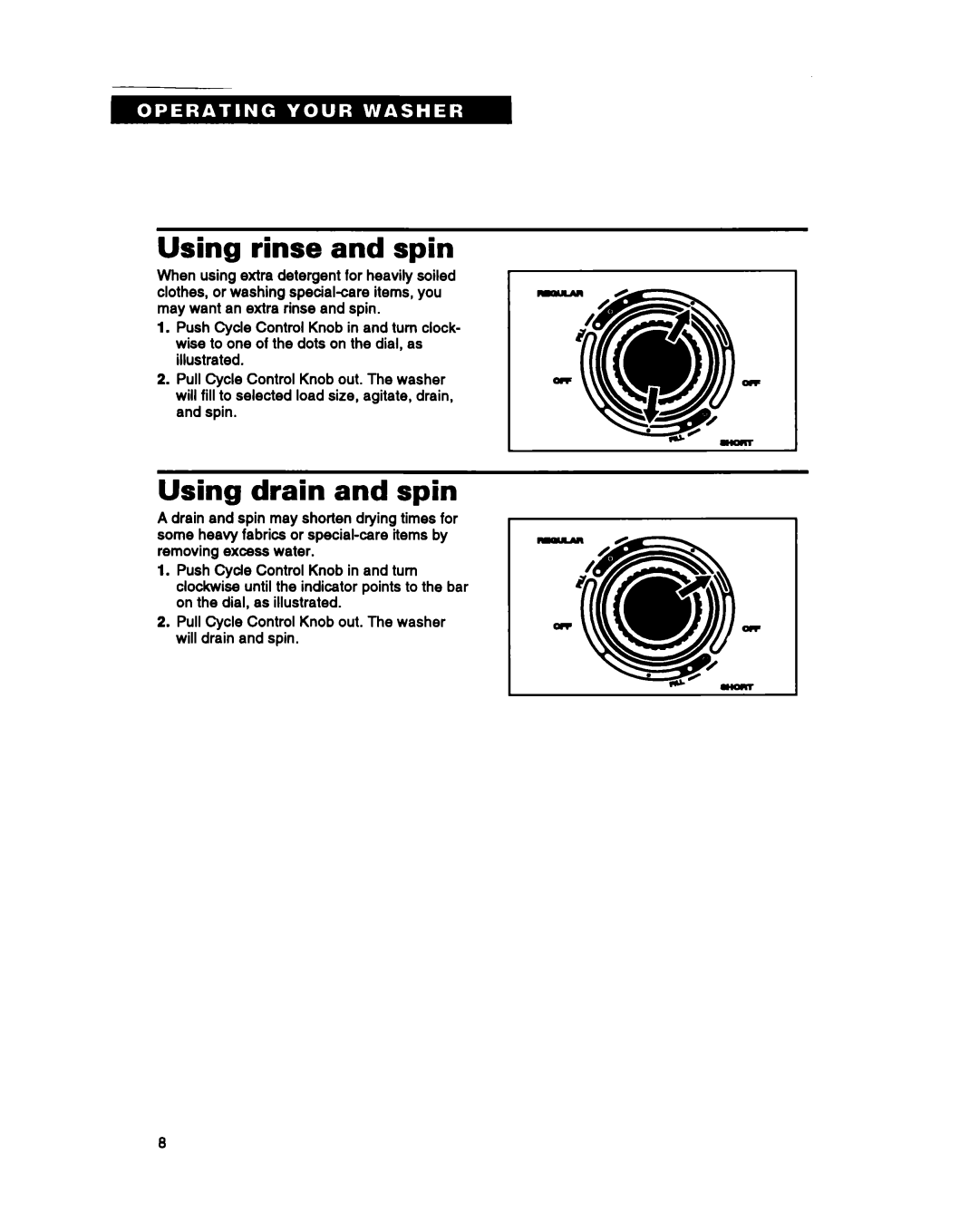 Whirlpool TAWMZOOB warranty Using rinse and spin, Using drain and spin 