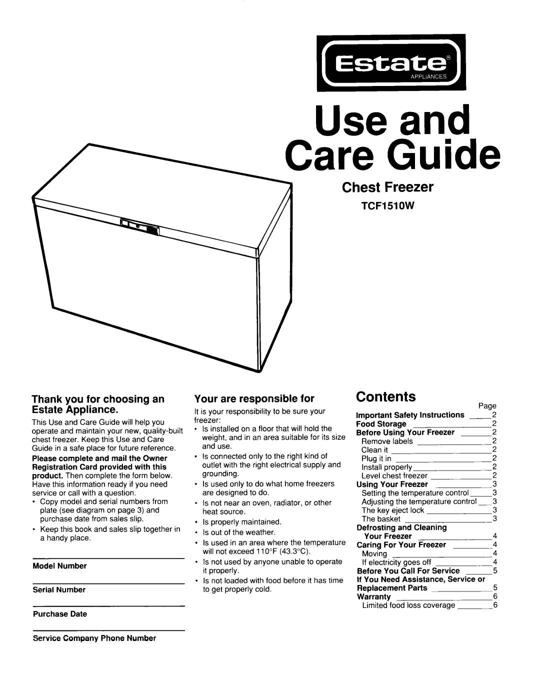 Whirlpool TCF1510W important safety instructions Chest Freezer, Contents 