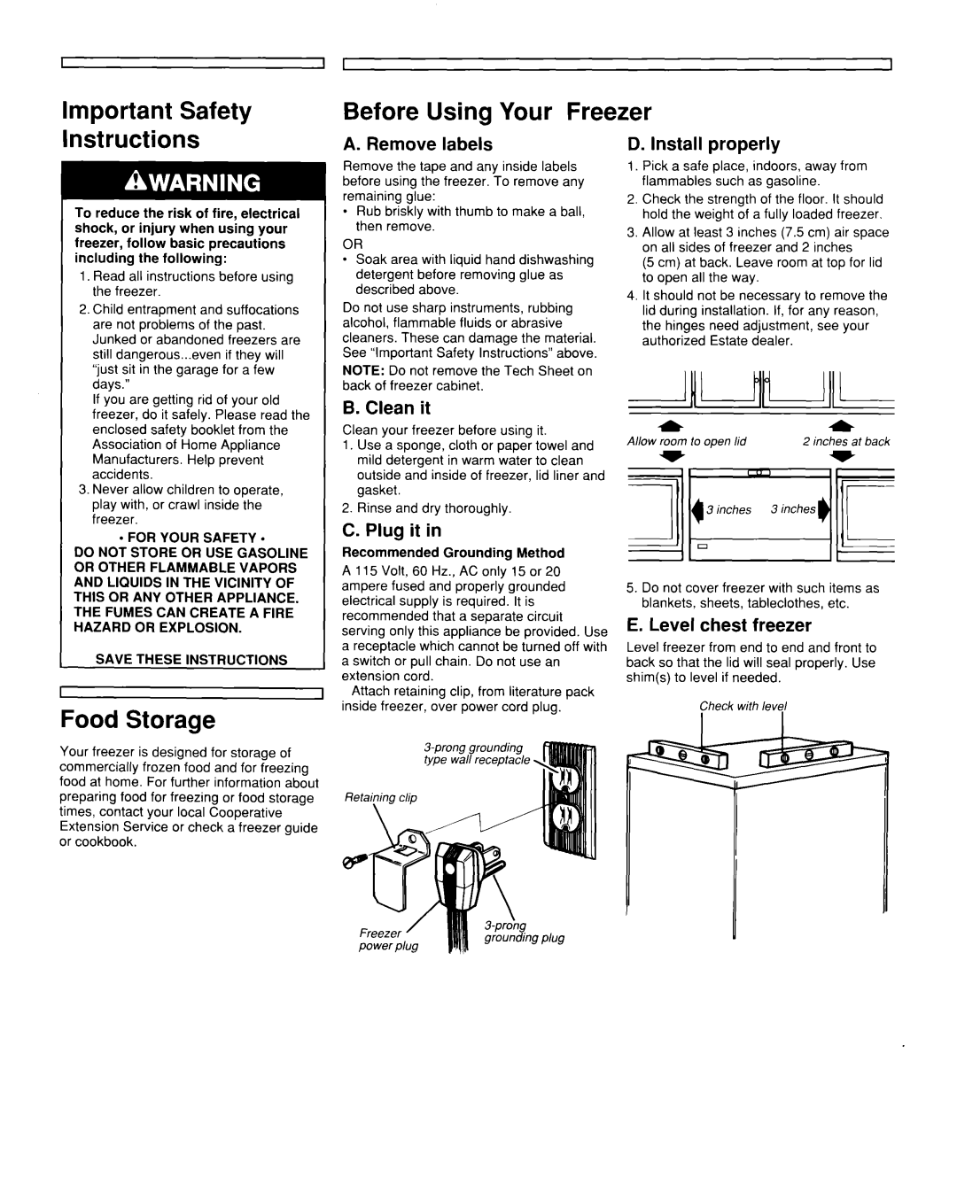 Whirlpool TCF1510W important safety instructions Important Safety Before Using Your Freezer Instructions, Food Storage 