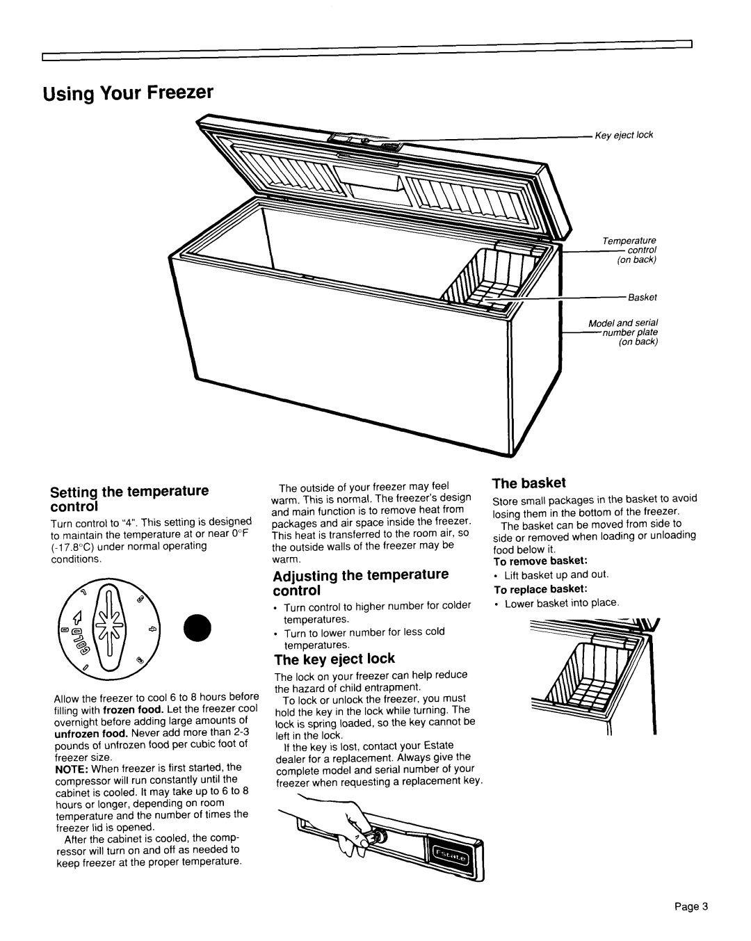 Whirlpool TCF1510W Using Your Freezer, Setting the temperature control, Adjusting the temperature control, Key eject lock 