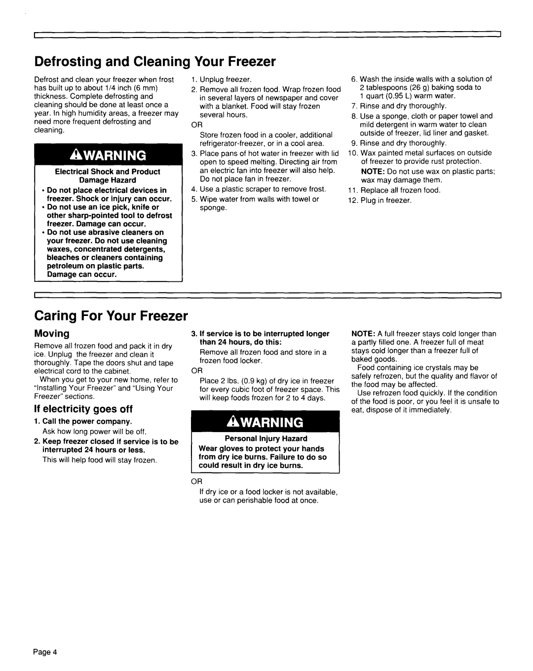 Whirlpool TCF1510W Defrosting and Cleaning, Caring For Your Freezer, Moving, If electricity goes off 