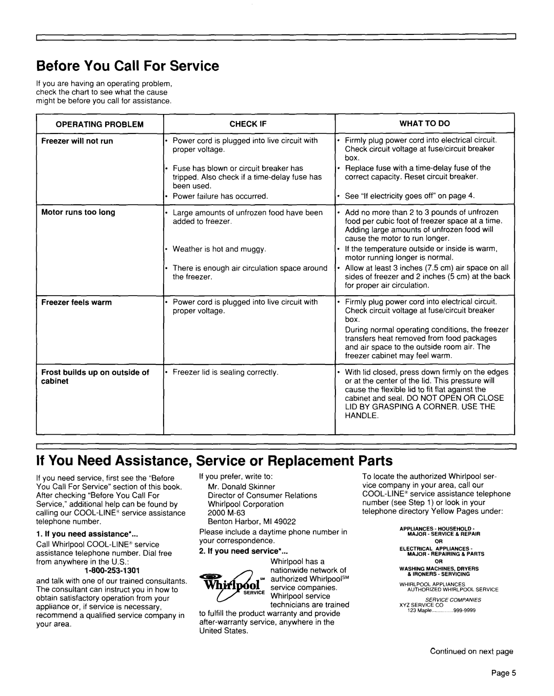 Whirlpool TCF1510W Before You Call For Service, If You Need Assistance, Service or Replacement, Parts 