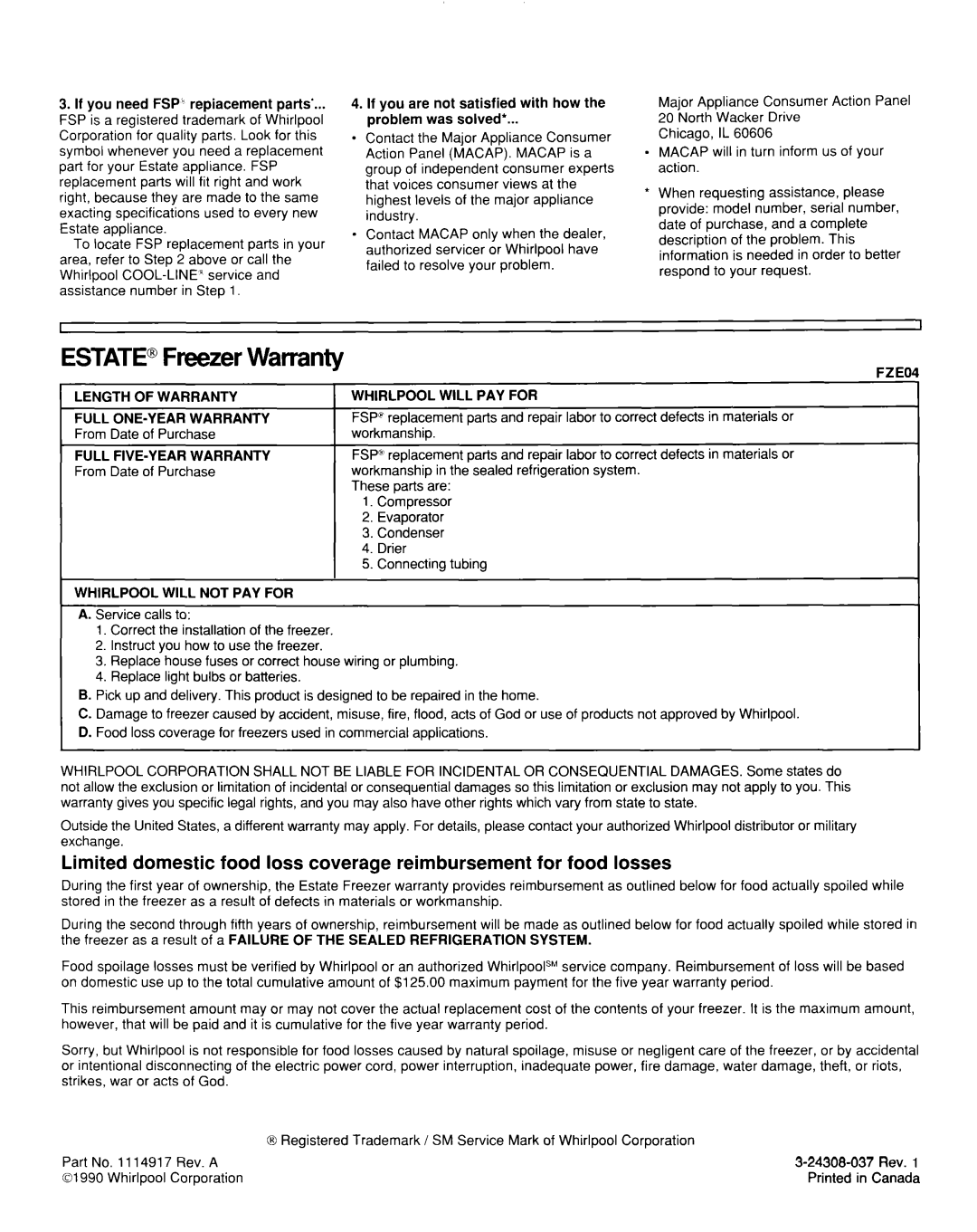 Whirlpool TCF1510W important safety instructions Length of Warranty Full ONE-YEAR Warranty, Full FIVE-YEAR Warranty 