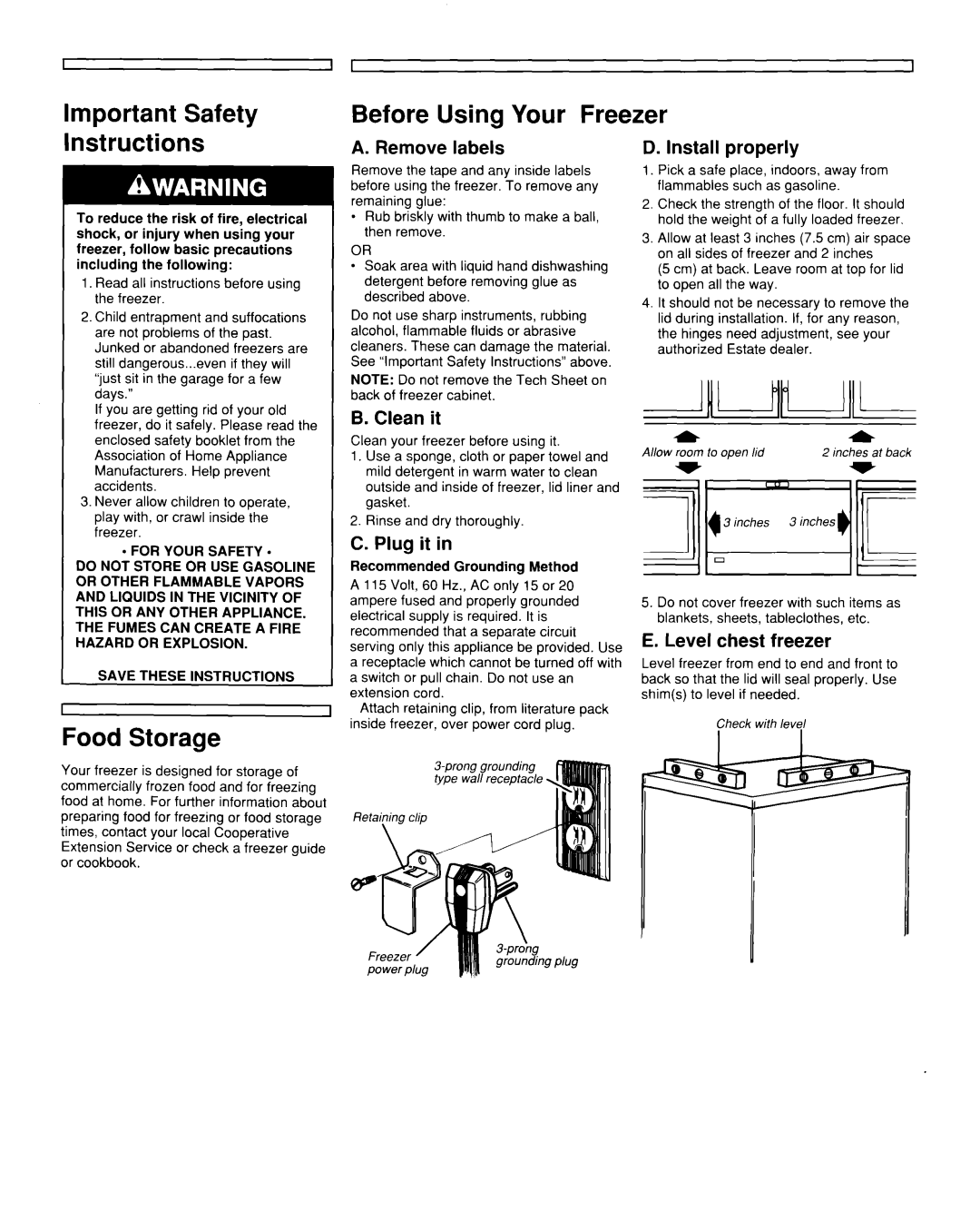 Whirlpool TCF1510W Important Safety, Before Using Your Freezer, Instructions, Food Storage, A. Remove labels, Clean it 