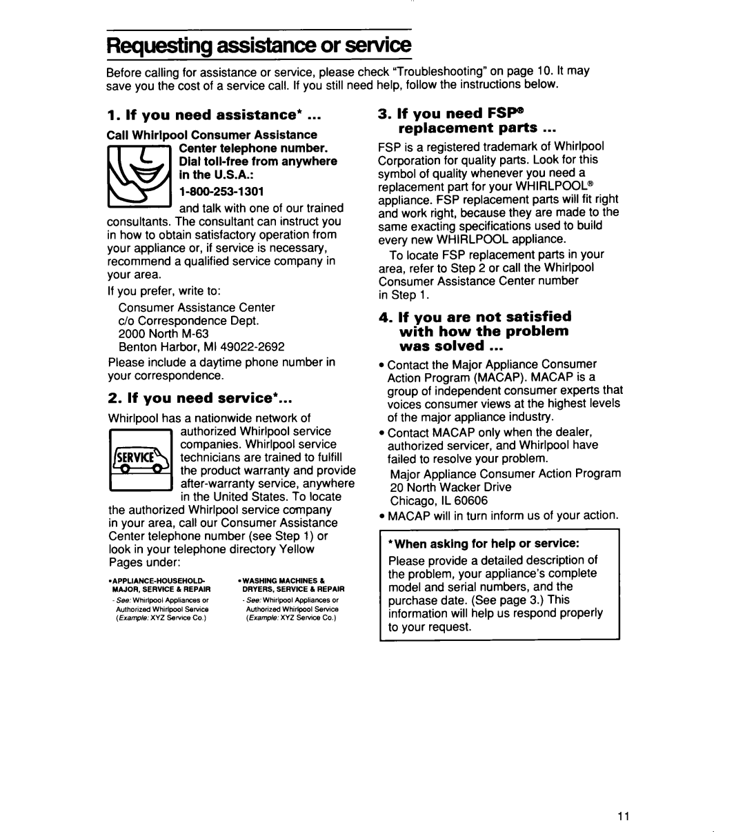 Whirlpool TD2500XF0 manual Requesting assistance or sewice, If you need assistance, If you need service 