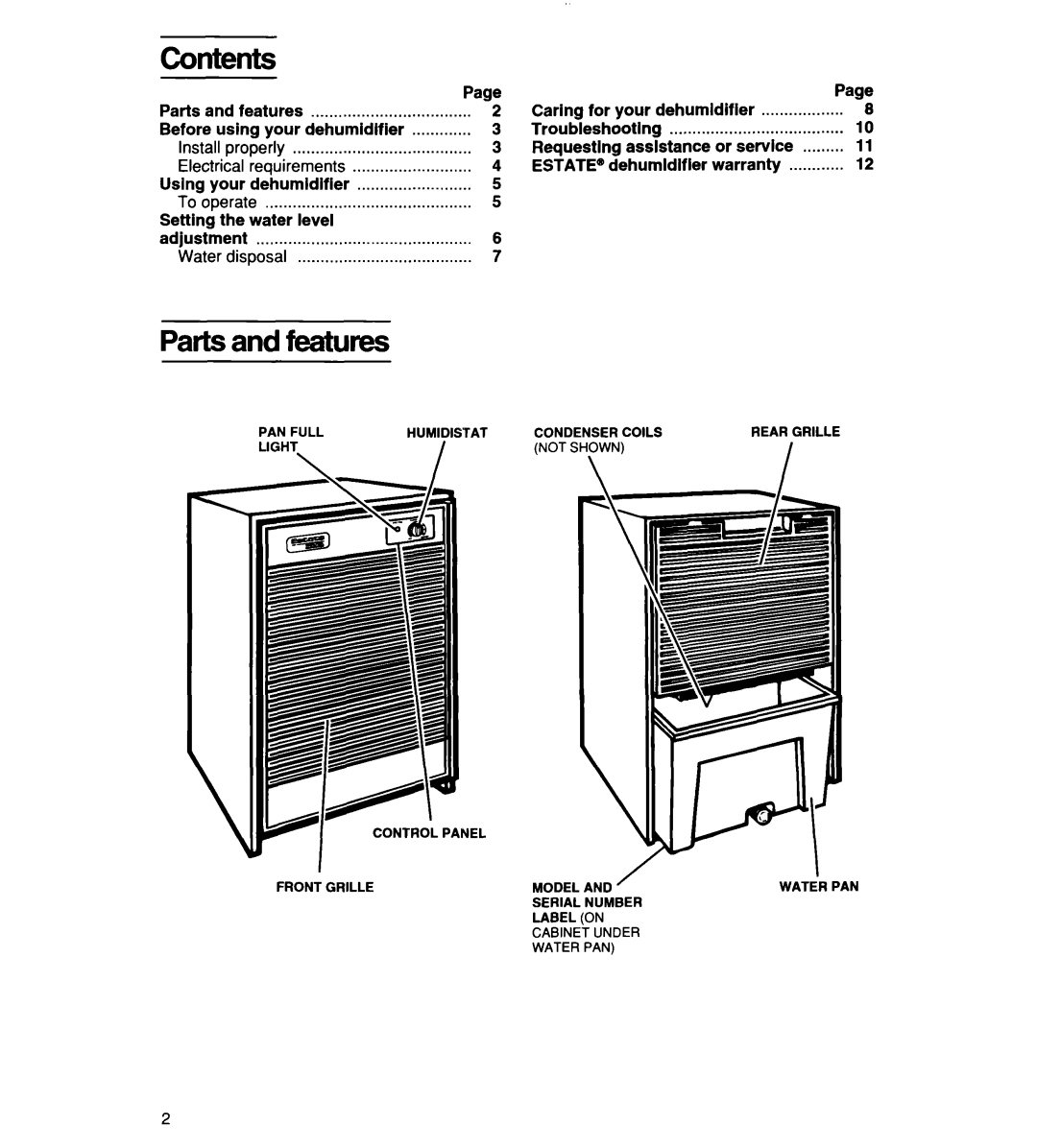 Whirlpool TD2500XF0 manual Contents, Parts and features 