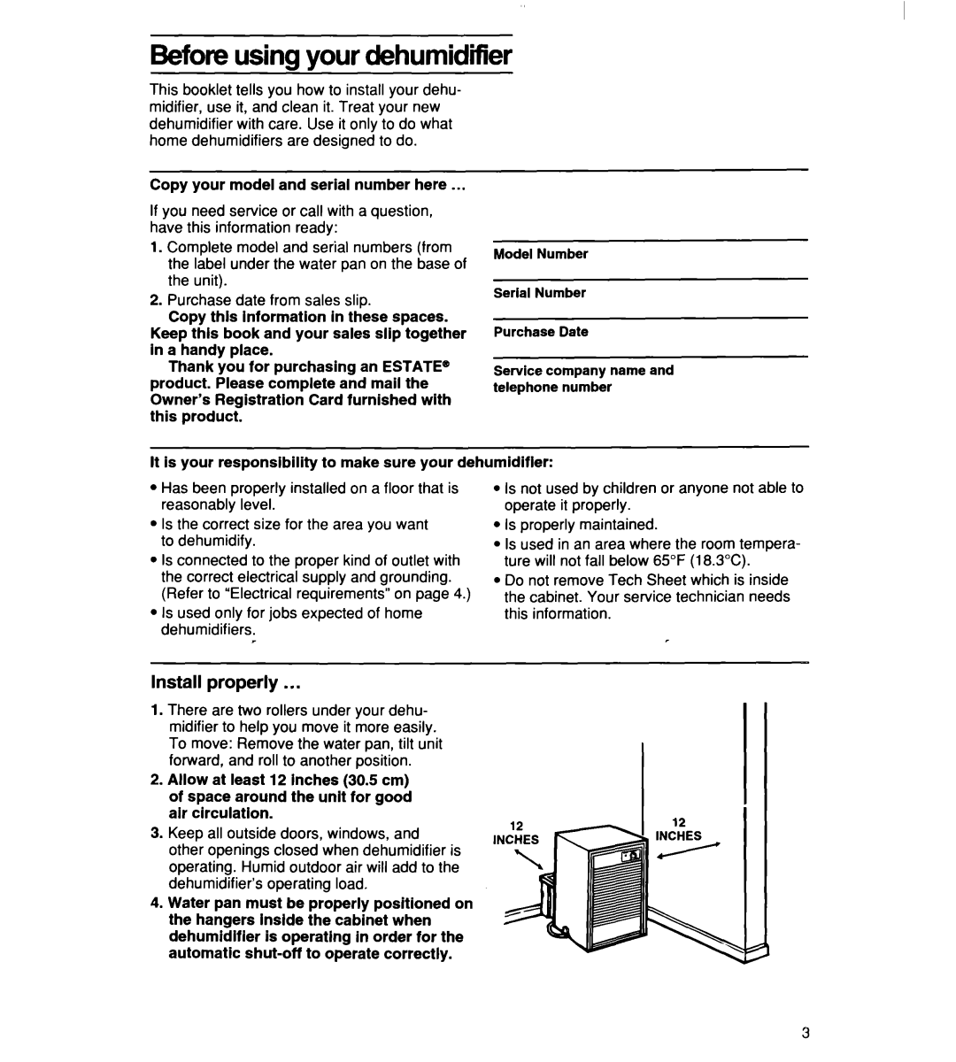 Whirlpool TD2500XF0 manual Before using your dehumidifier, Install properly 