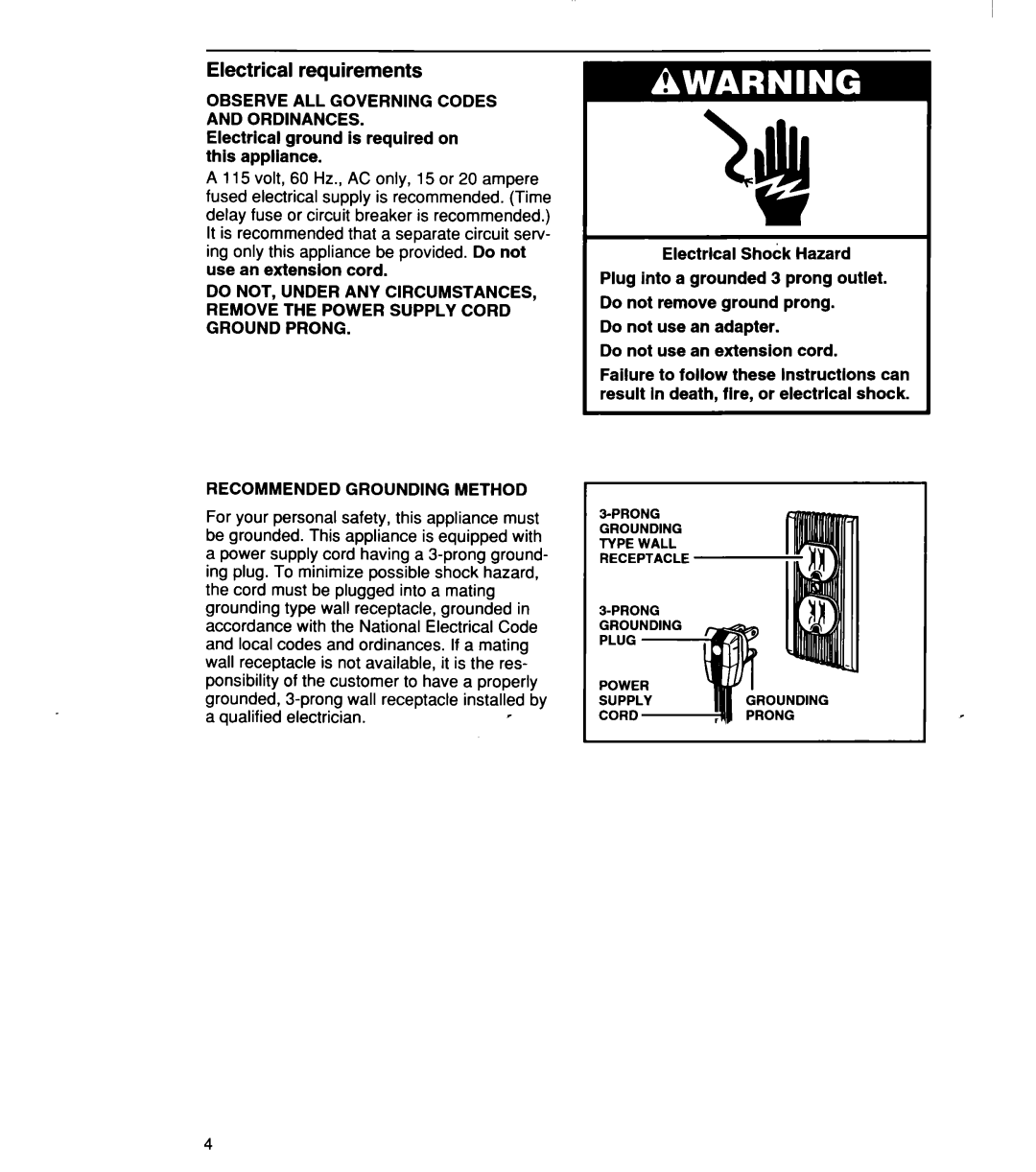 Whirlpool TD2500XF0 manual Electrical requirements, Observe ALL Governing Codes and Ordinances 