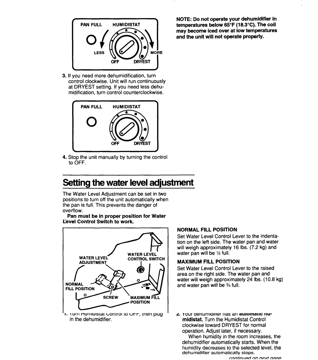 Whirlpool TD2500XF0 manual Setting the water level adjustment, Normal Fill Position, Maximum Fill Position 