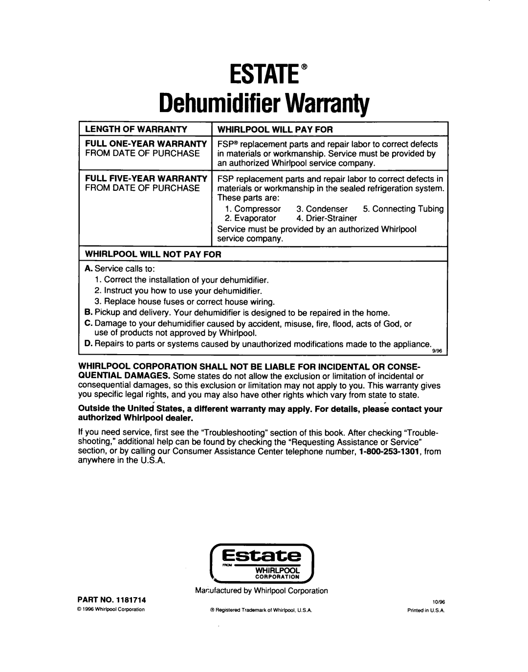 Whirlpool TD2500XF0 manual ESTATE” DehumidifierWarranty 
