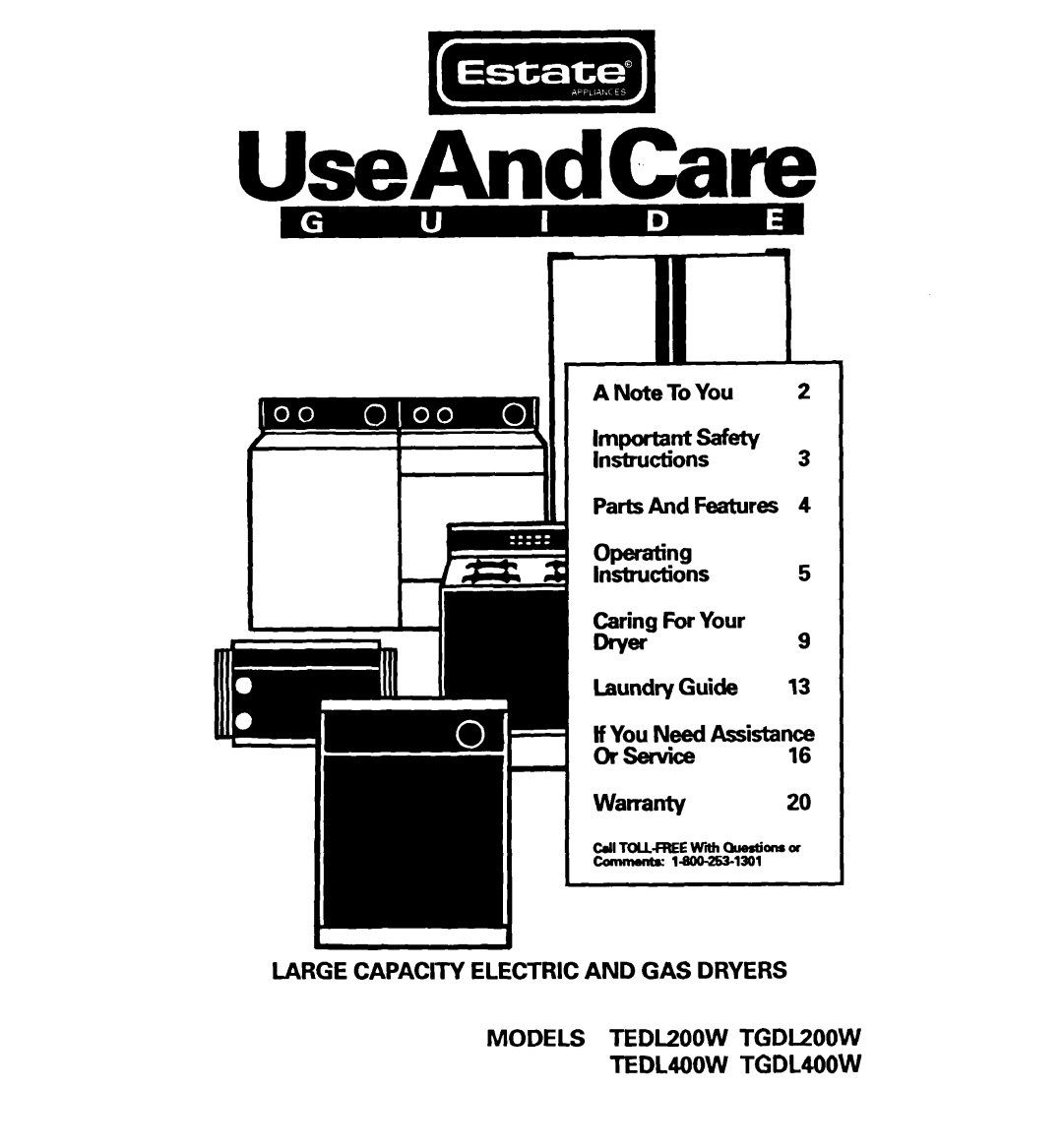 Whirlpool TGDL4OOW, TEDL200W, TEDL4OOW, TGDIJOOW warranty UseAndCare, Laundry 