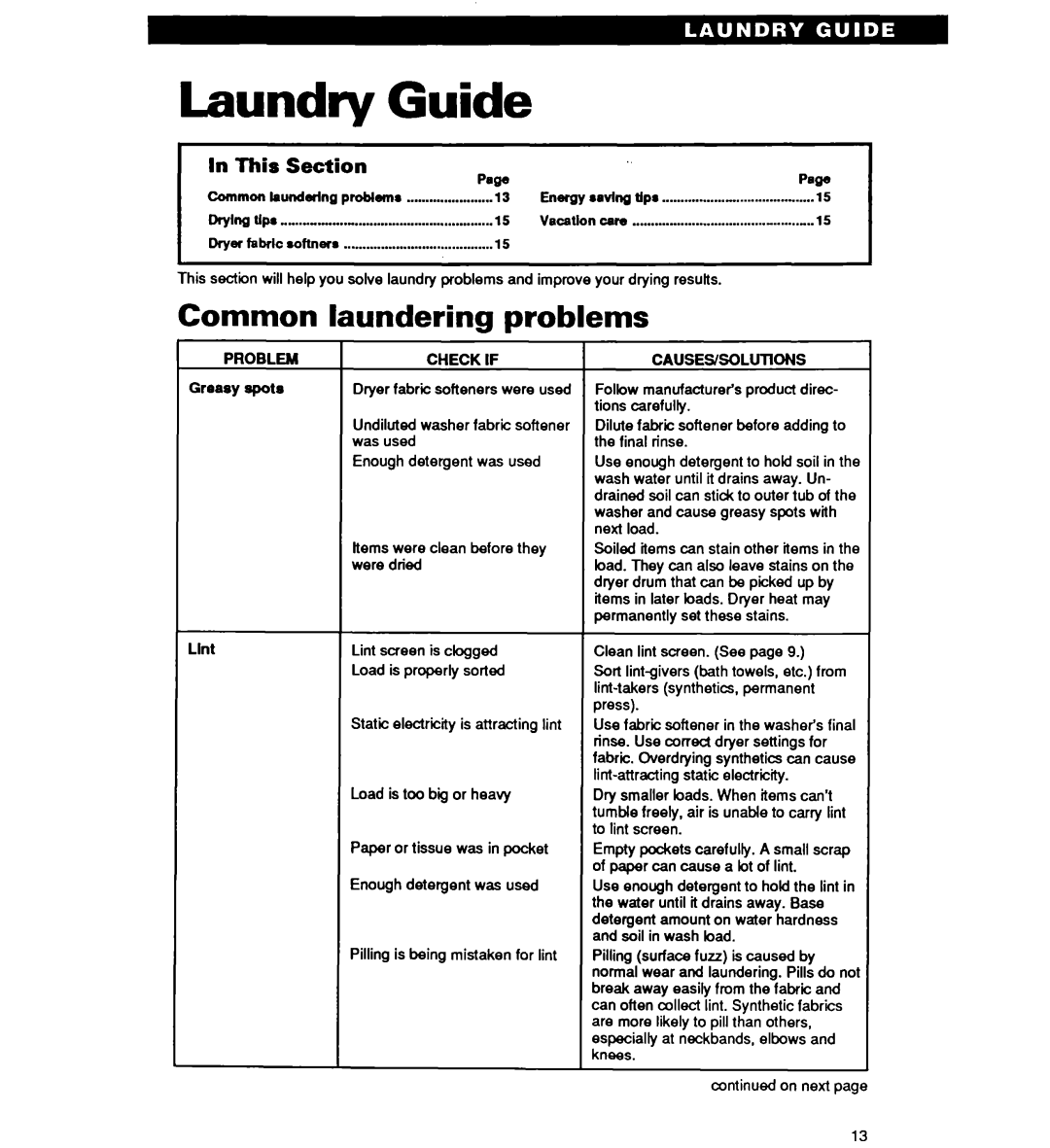 Whirlpool TGDL4OOW, TEDL200W, TEDL4OOW, TGDIJOOW warranty Laundry Guide, Common laundering problems, CAUSES/SOLUTlONS, Lint 