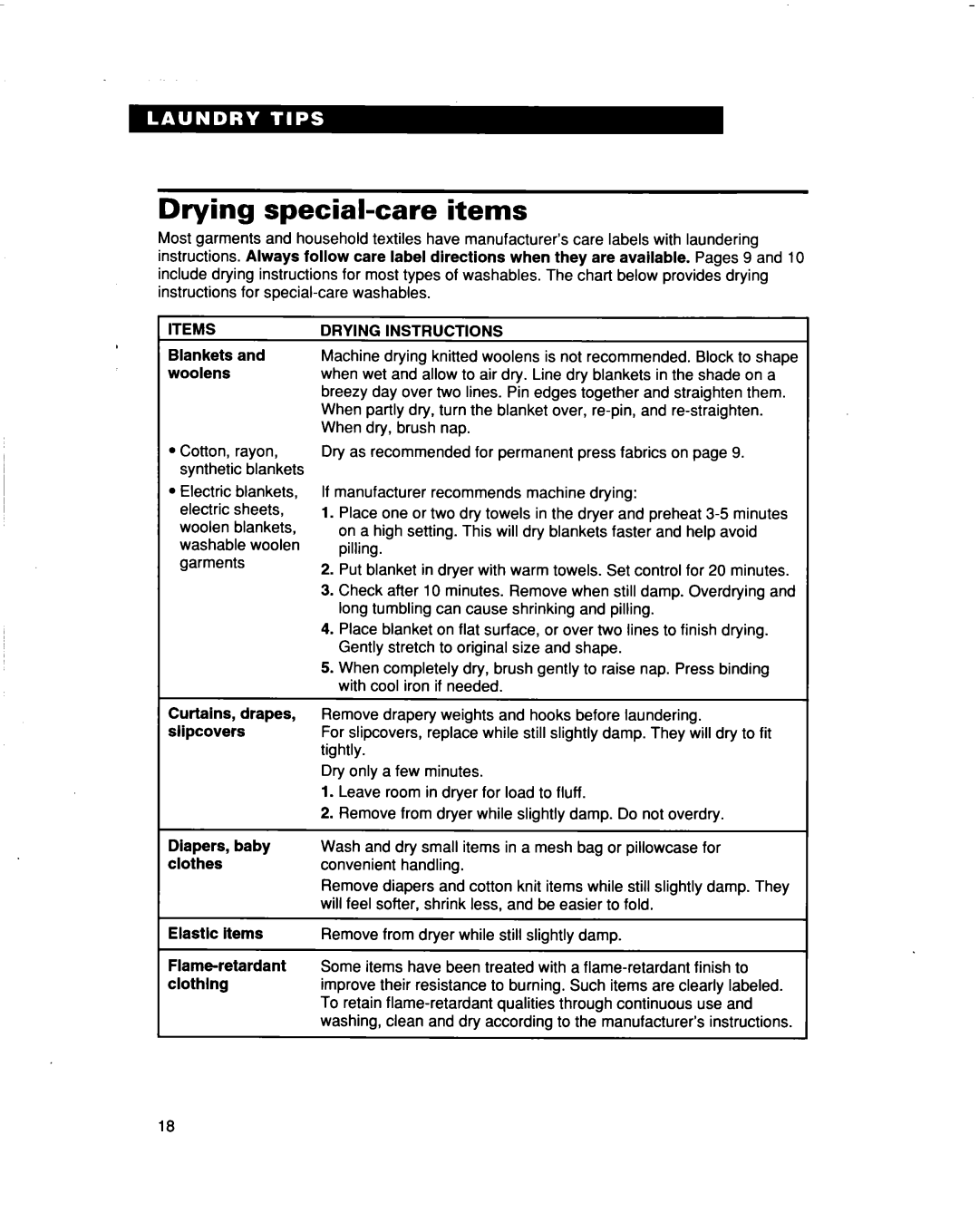 Whirlpool TEDL640DQ0 warranty Drying special-care items, Tems, Drying Instructions 