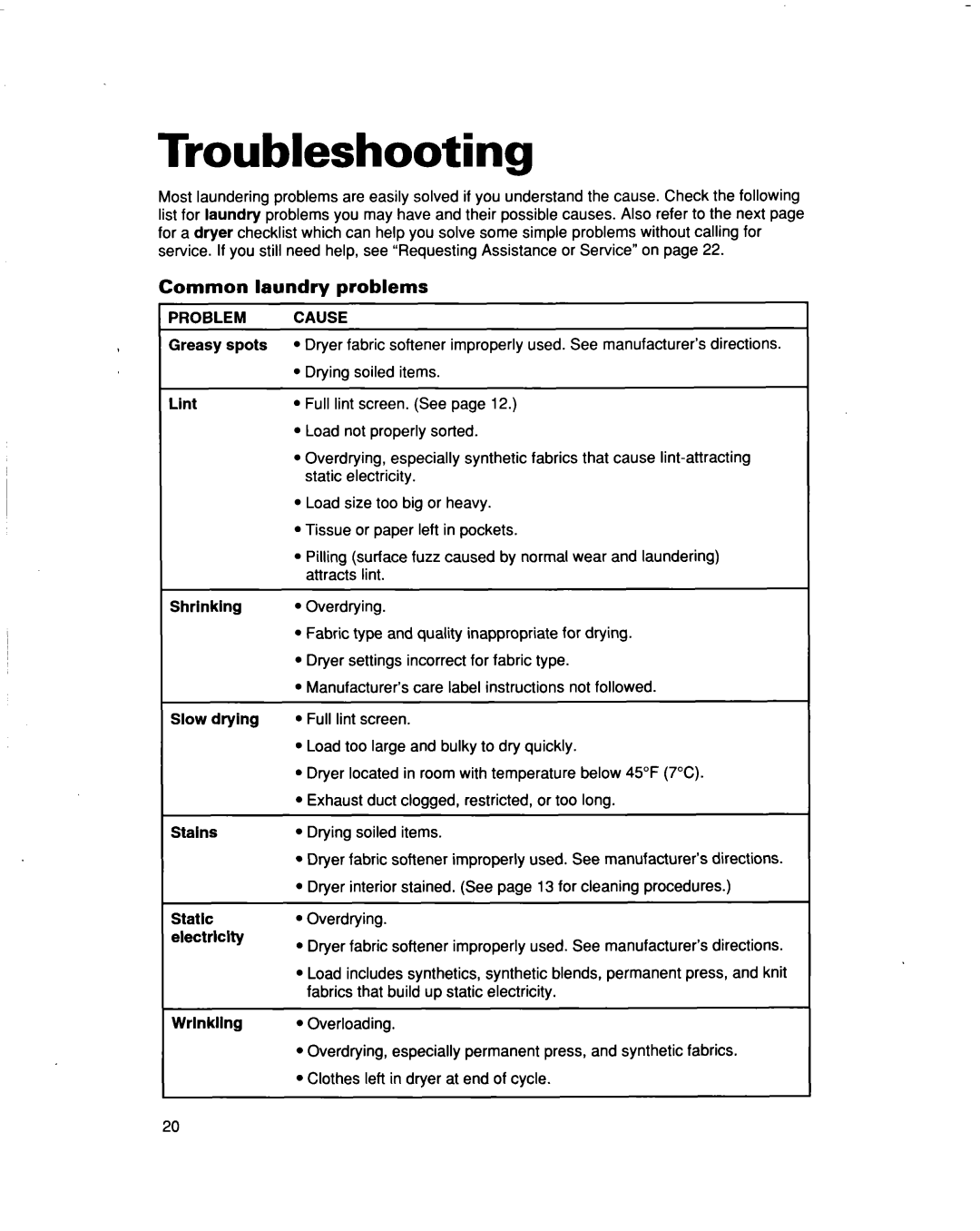 Whirlpool TEDL640DQ0 warranty Troubleshooting, Common laundry problems, Problem Cause 