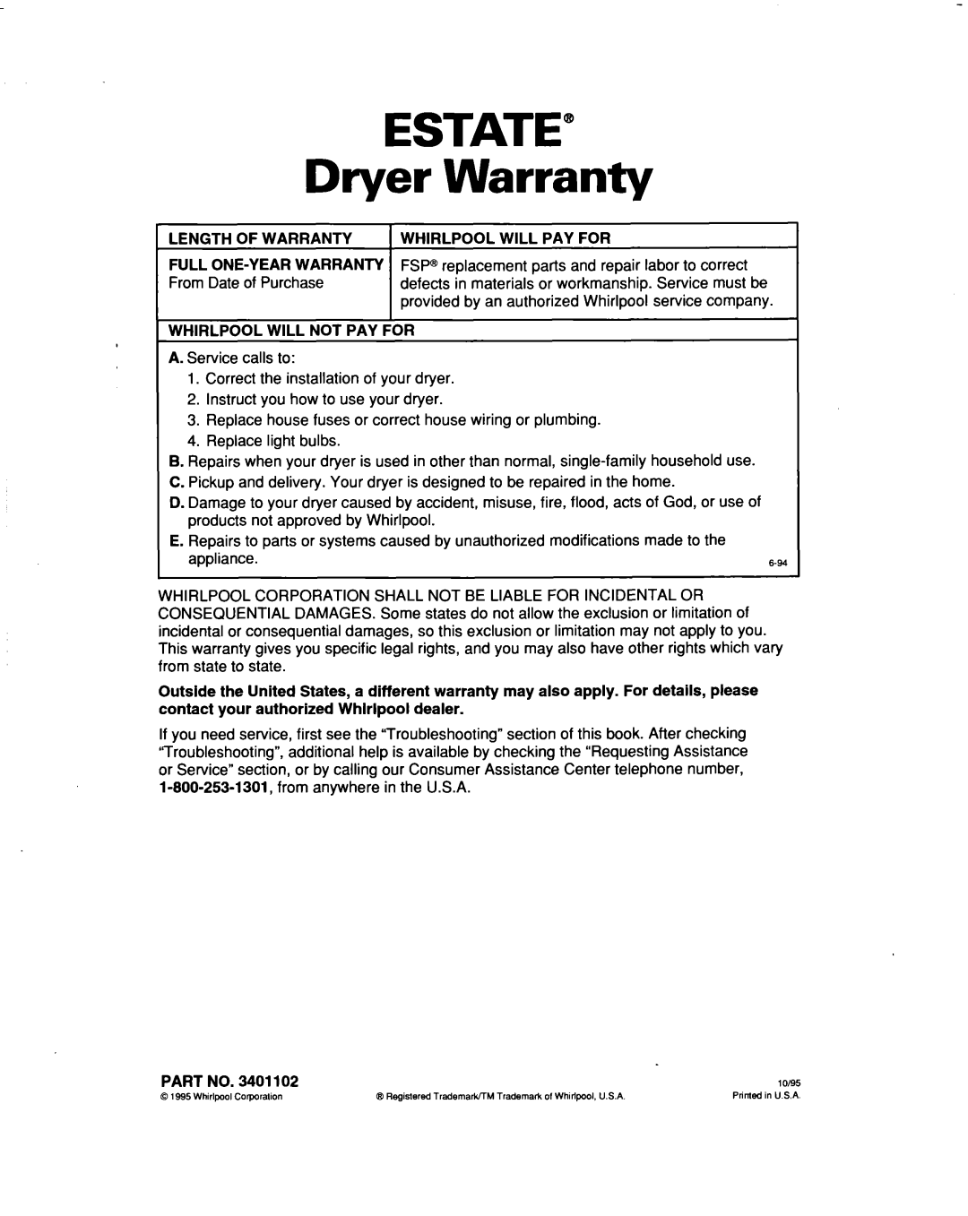 Whirlpool TEDL640DQ0 warranty Dryer Warranty, Whirlpool will not PAY for 