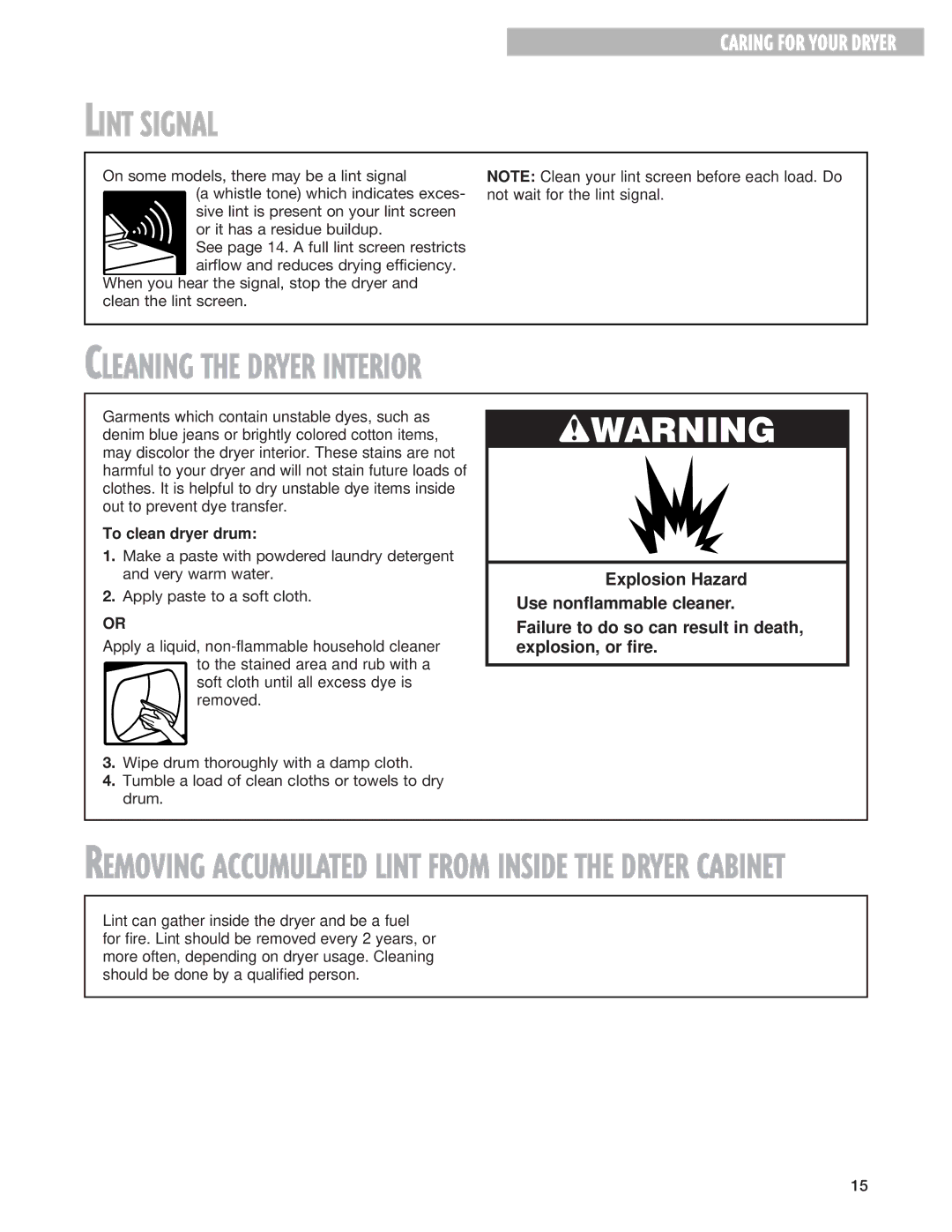 Whirlpool TEDX640E, TEDS680E warranty Lint Signal, Cleaning the Dryer Interior, To clean dryer drum 