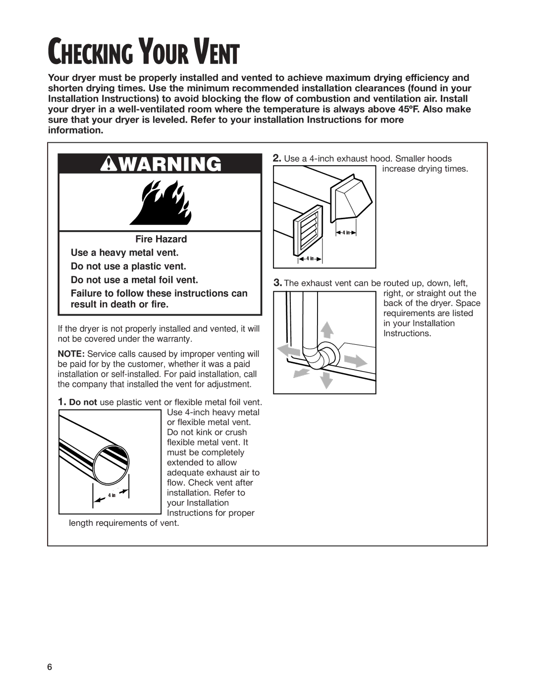 Whirlpool TEDS680E, TEDX640E warranty Checking Your Vent, Wwarning 