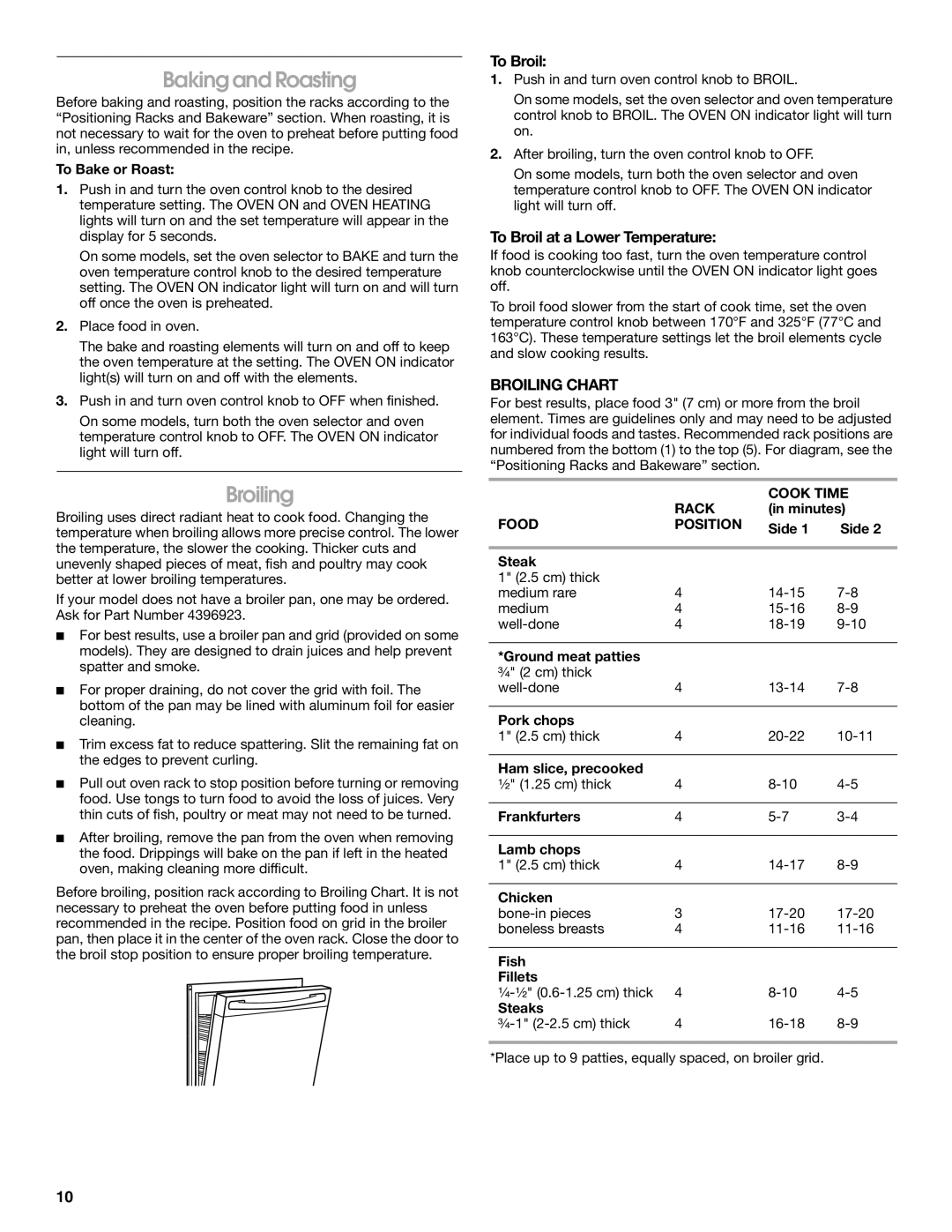 Whirlpool TEP315KW1 manual Baking and Roasting, To Broil at a Lower Temperature, Broiling Chart 