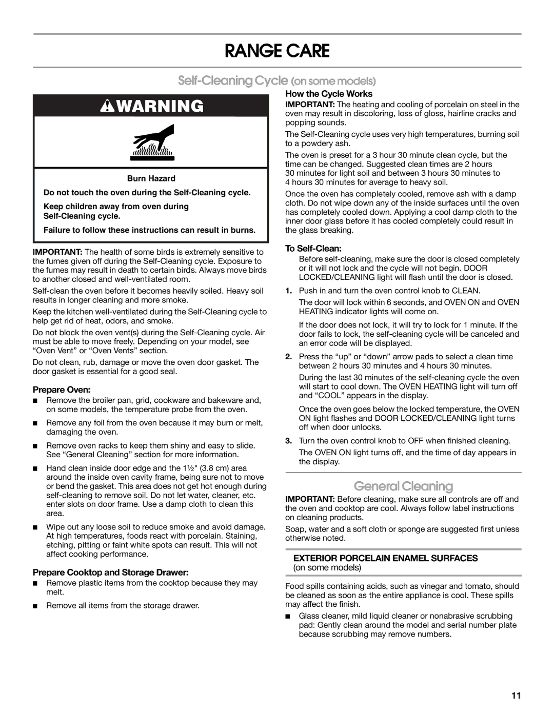 Whirlpool TEP315KW1 Range Care, Self-Cleaning Cycle on some models, General Cleaning, Exterior Porcelain Enamel Surfaces 