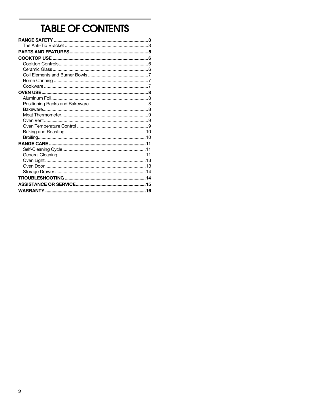 Whirlpool TEP315KW1 manual Table of Contents 