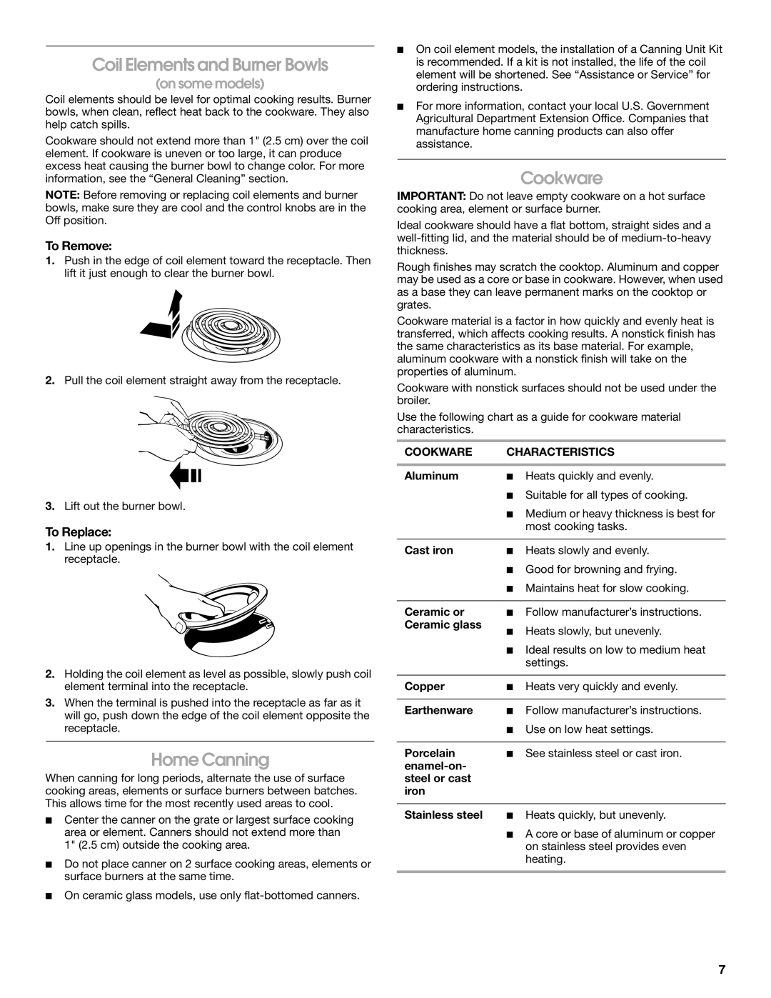 Whirlpool TEP315KW1 manual Coil Elements and Burner Bowls, Home Canning, Cookware, To Remove, To Replace 