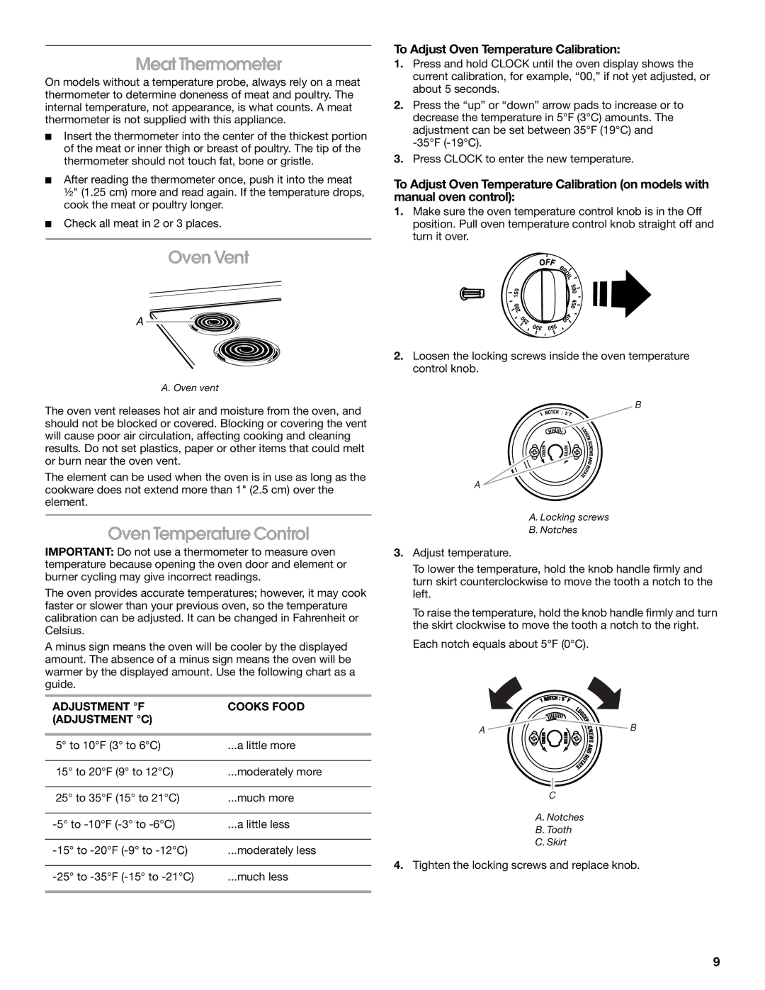 Whirlpool TEP315KW1 manual Meat Thermometer, Oven Vent, Oven Temperature Control, To Adjust Oven Temperature Calibration 