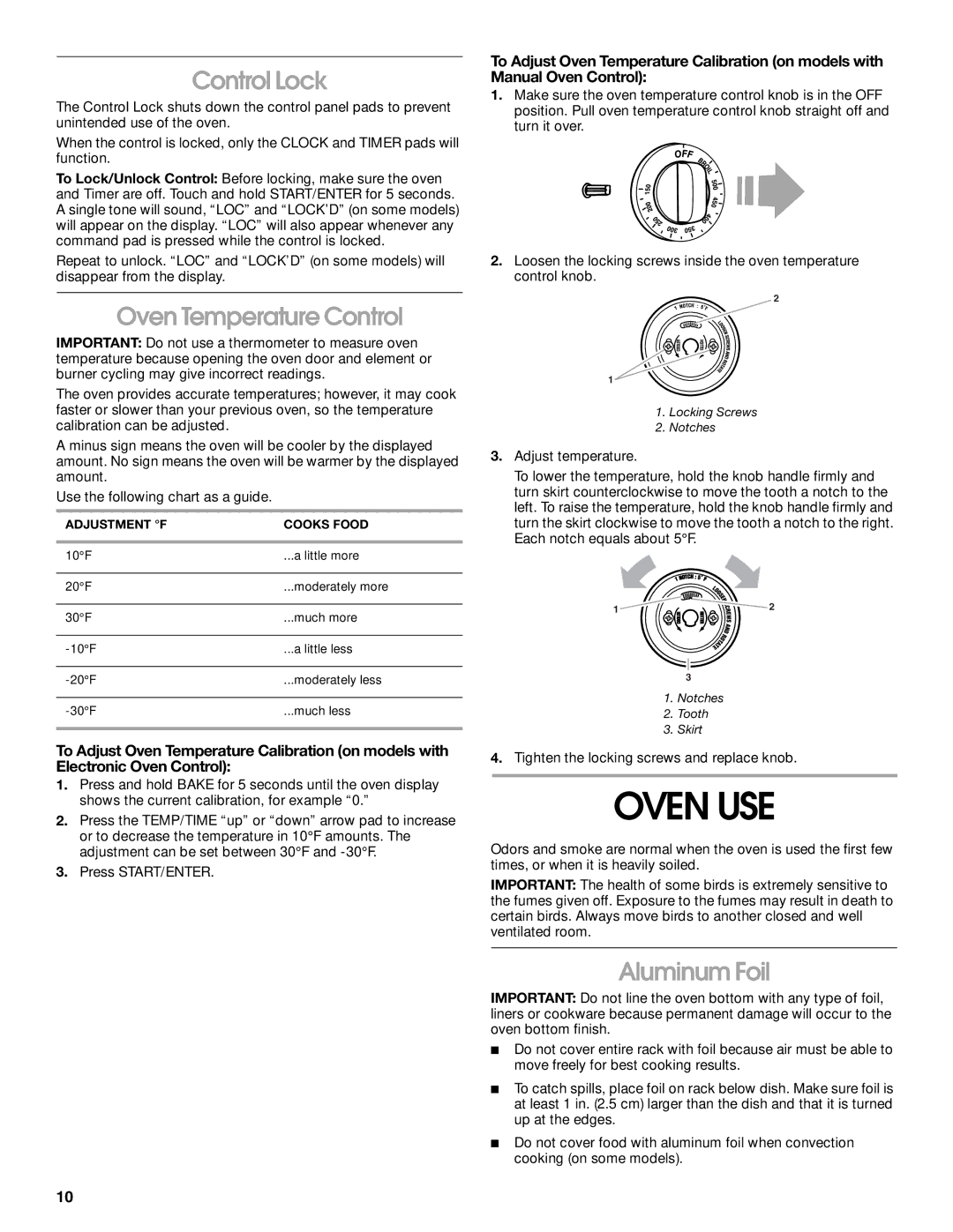 Whirlpool TEP325MW0 manual Oven USE, Control Lock, Oven Temperature Control, Aluminum Foil 