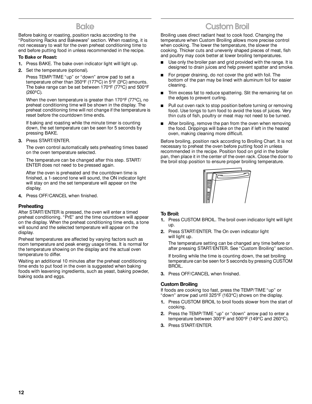 Whirlpool TEP325MW0 manual Bake, Preheating, To Broil, Custom Broiling 