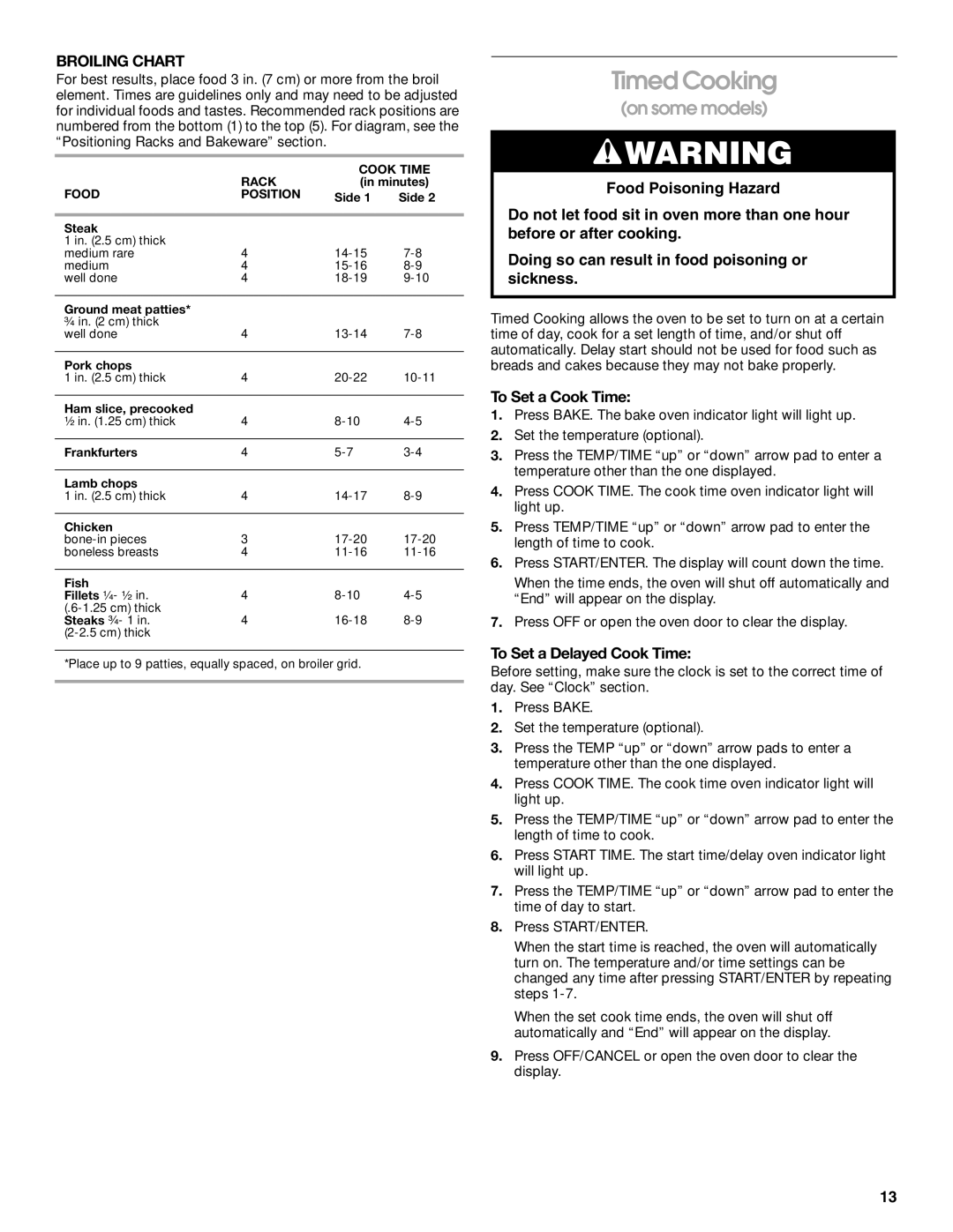 Whirlpool TEP325MW0 manual Timed Cooking, Broiling Chart, To Set a Cook Time, To Set a Delayed Cook Time 