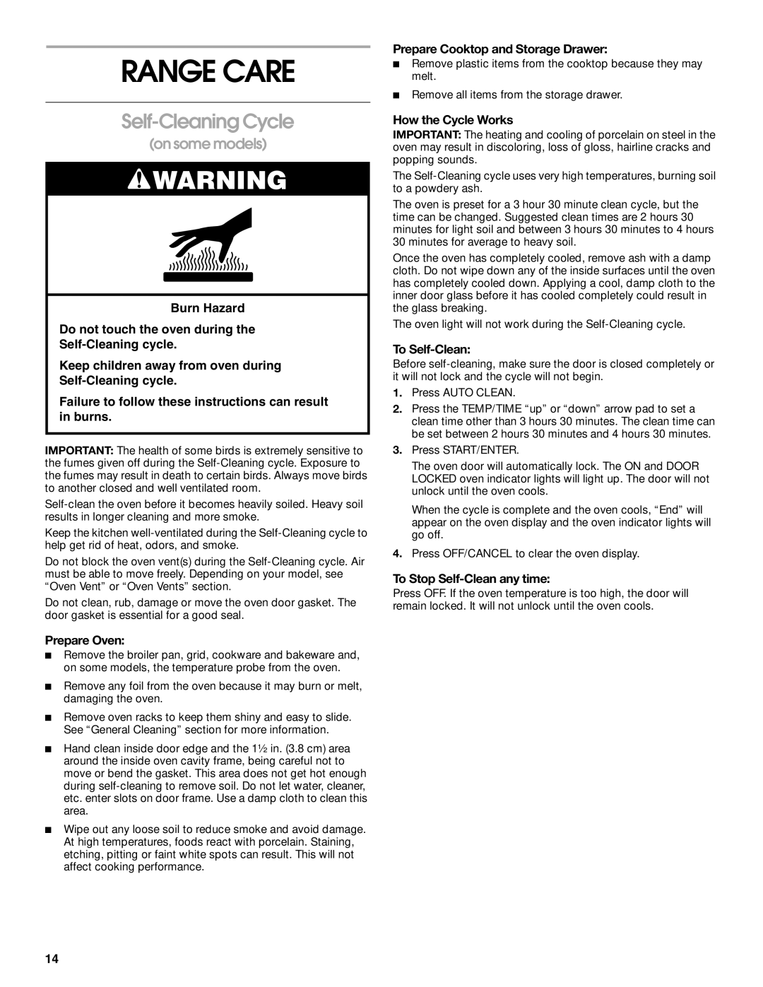 Whirlpool TEP325MW0 manual Range Care, Self-Cleaning Cycle 