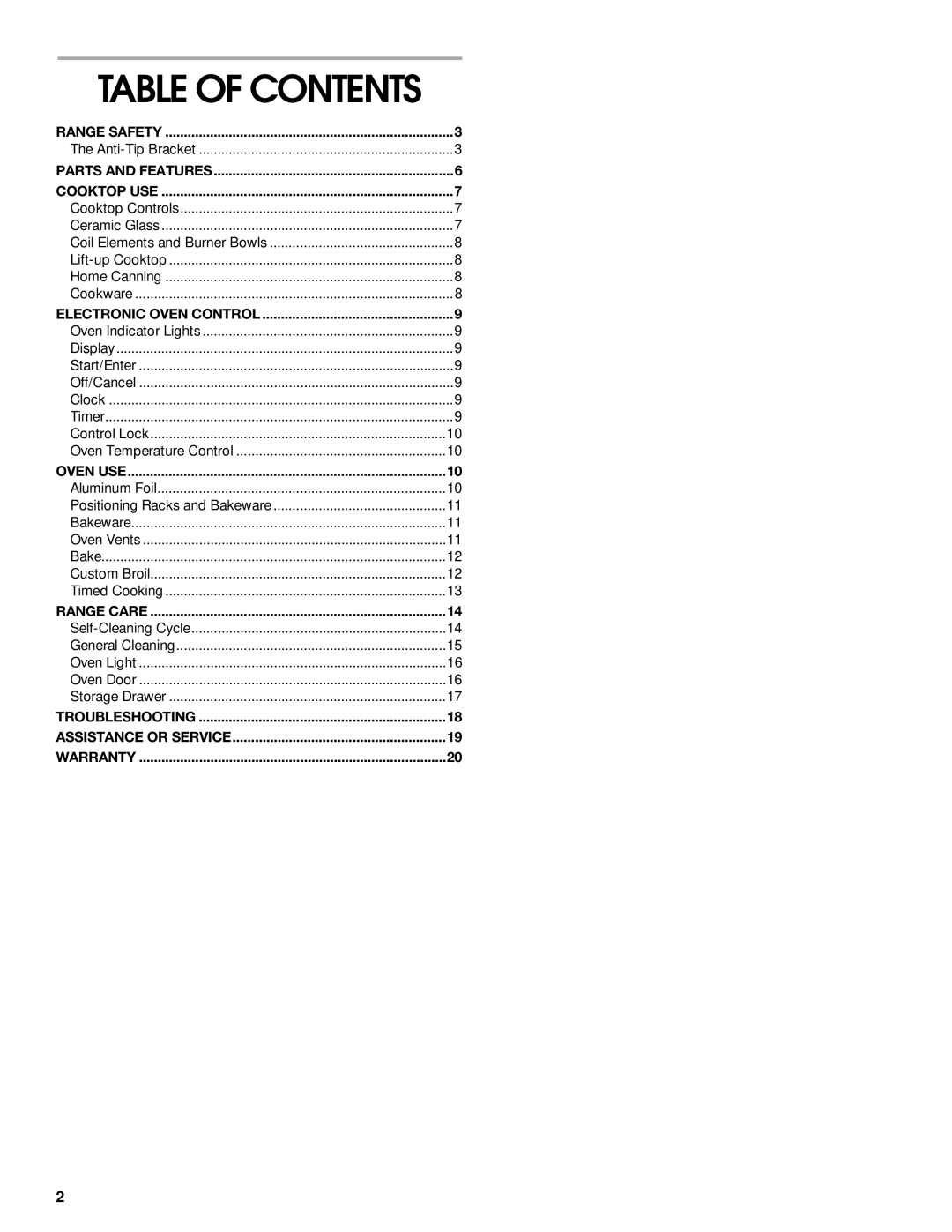 Whirlpool TEP325MW0 manual Table of Contents 