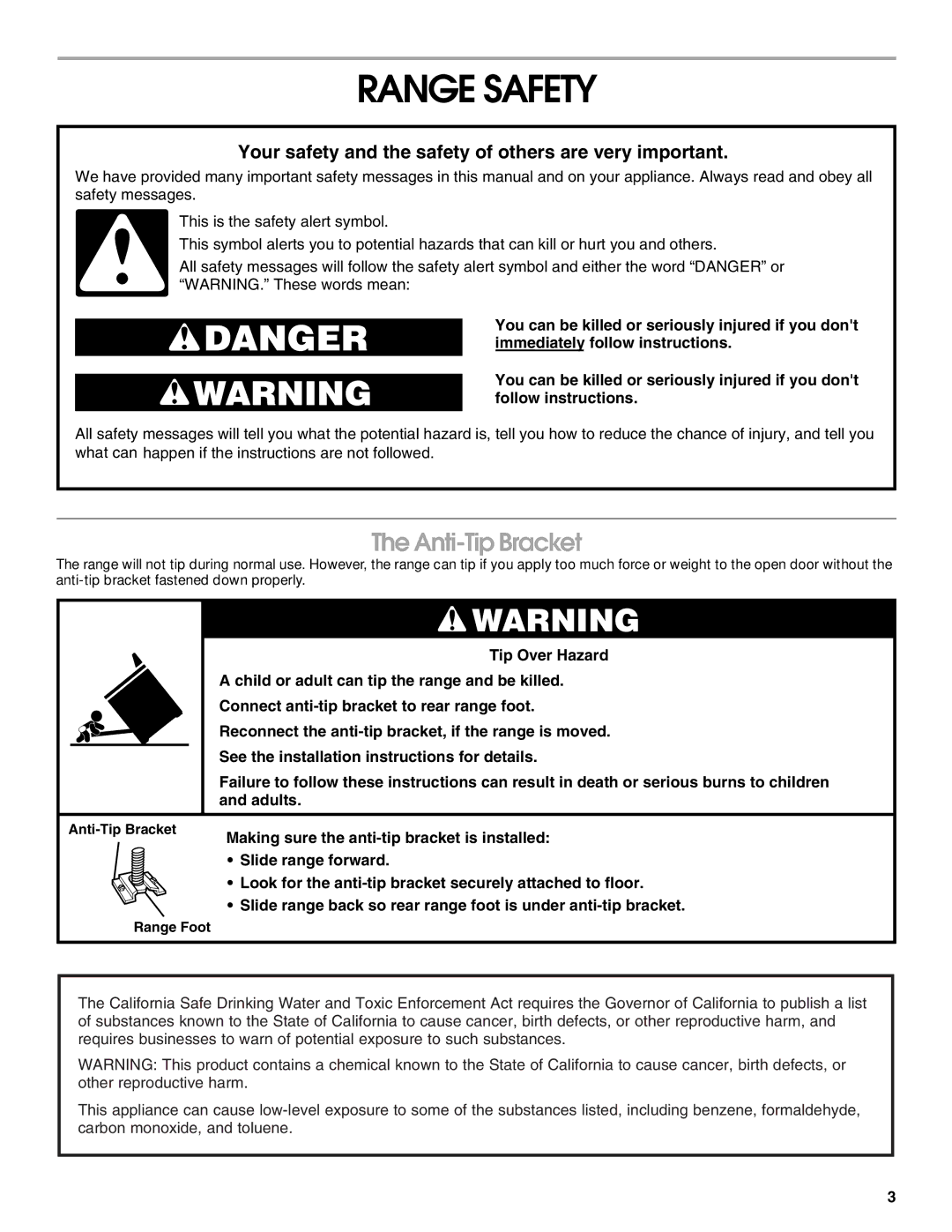 Whirlpool TEP325MW0 manual Range Safety, Anti-Tip Bracket 