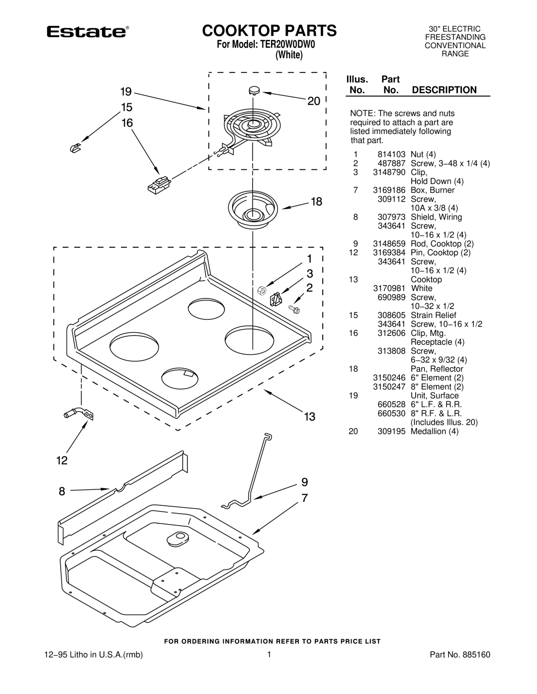 Whirlpool TER20W0DW0 manual Cooktop Parts, Illus. Part No. No. Description 