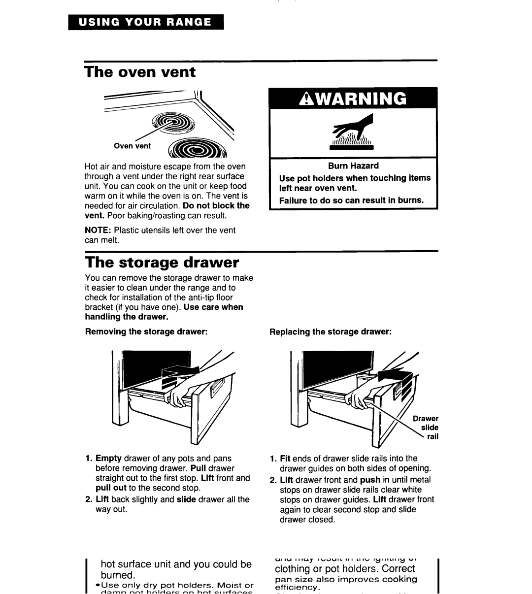 Whirlpool TER20WOD manual Oven vent, Storage Drawer, Drawer Removing the storage 