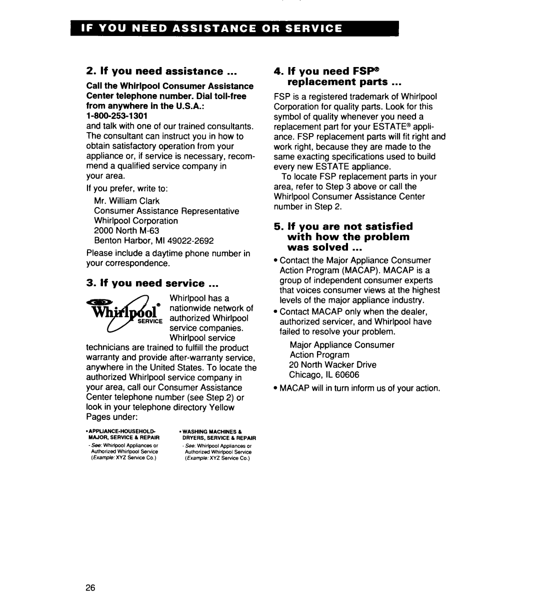 Whirlpool TER20WOD manual If you need assistance, If you need service, If you need FSP Replacement parts, 800-253-l 